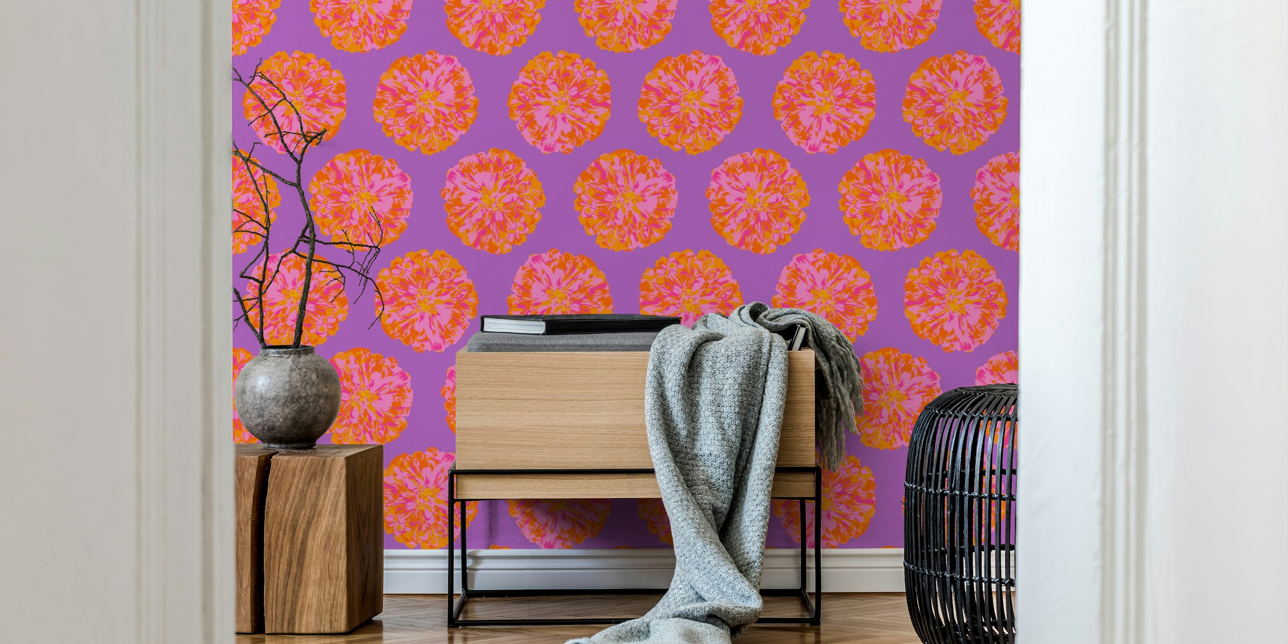 Floral wallpaper design in orange and violet