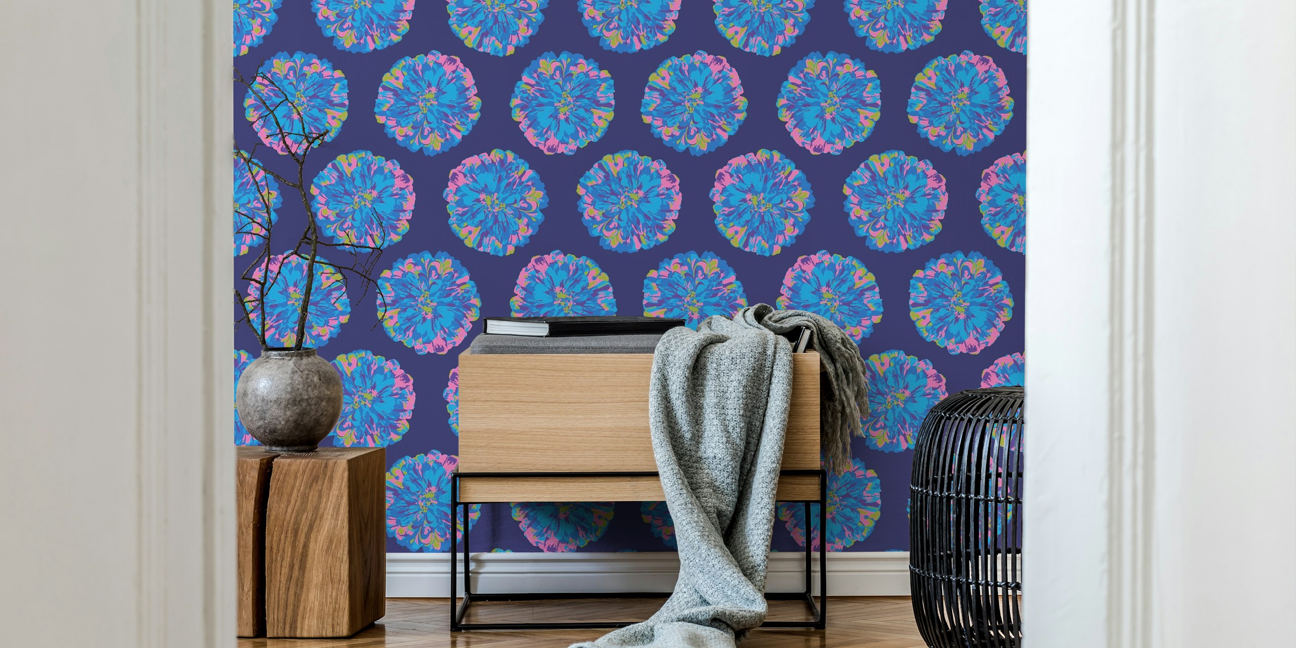 Chrysanthemums floral wallpaper in a room