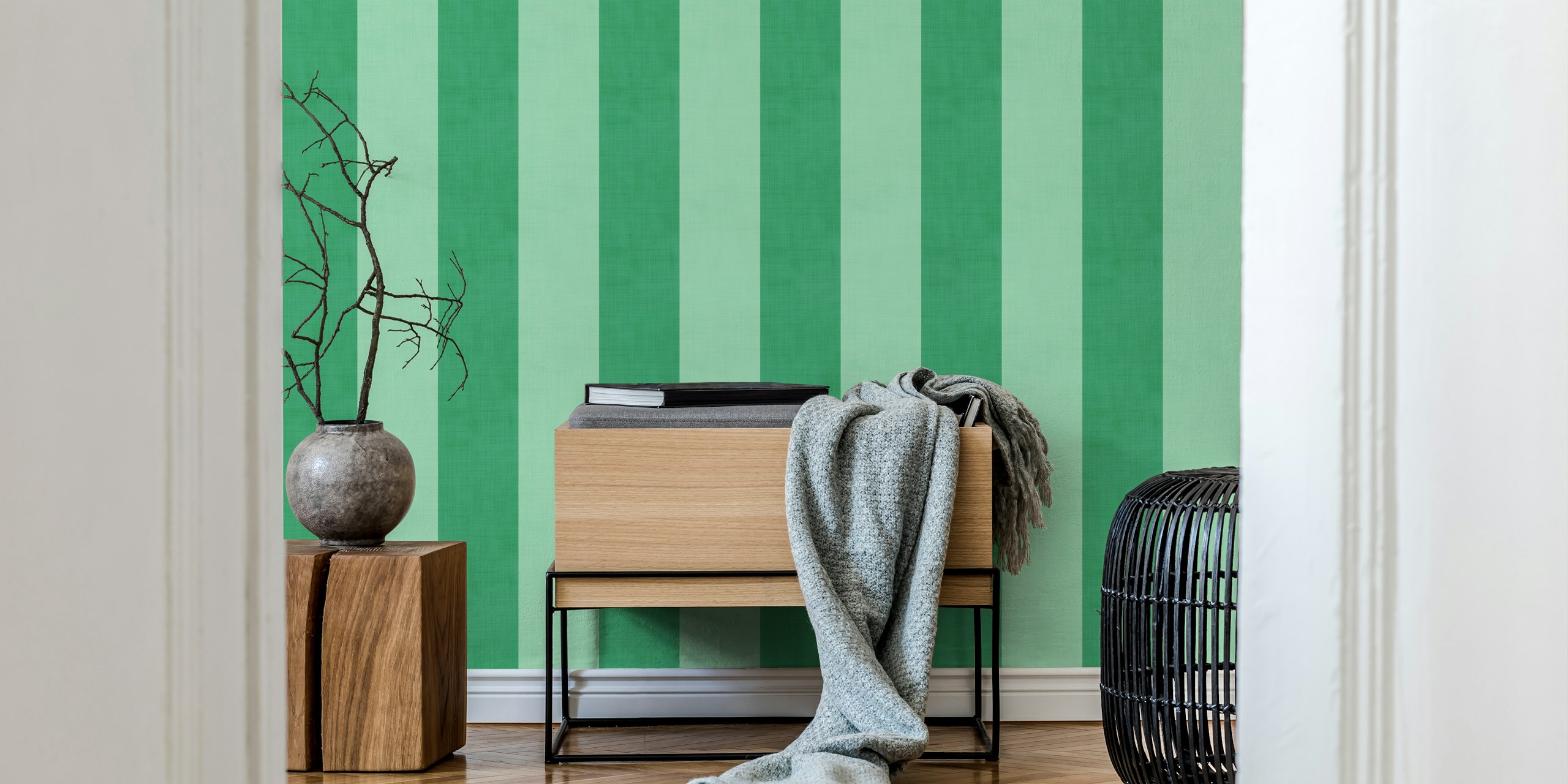 Green striped wallpaper in varying shades of green