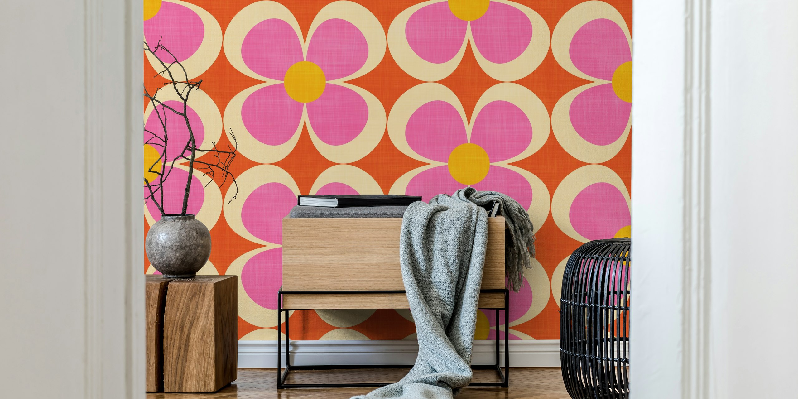 Vibrant geometric floral wallpaper in a room