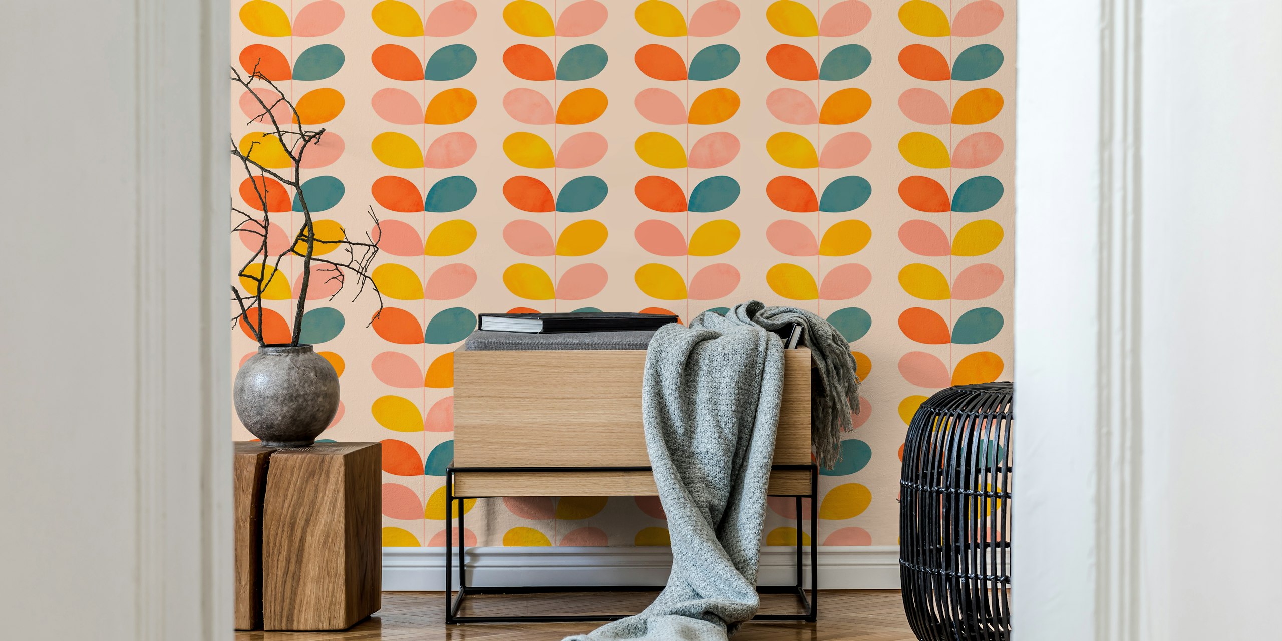 Mid-century leaves pattern in blush, orange, and teal wallpaper