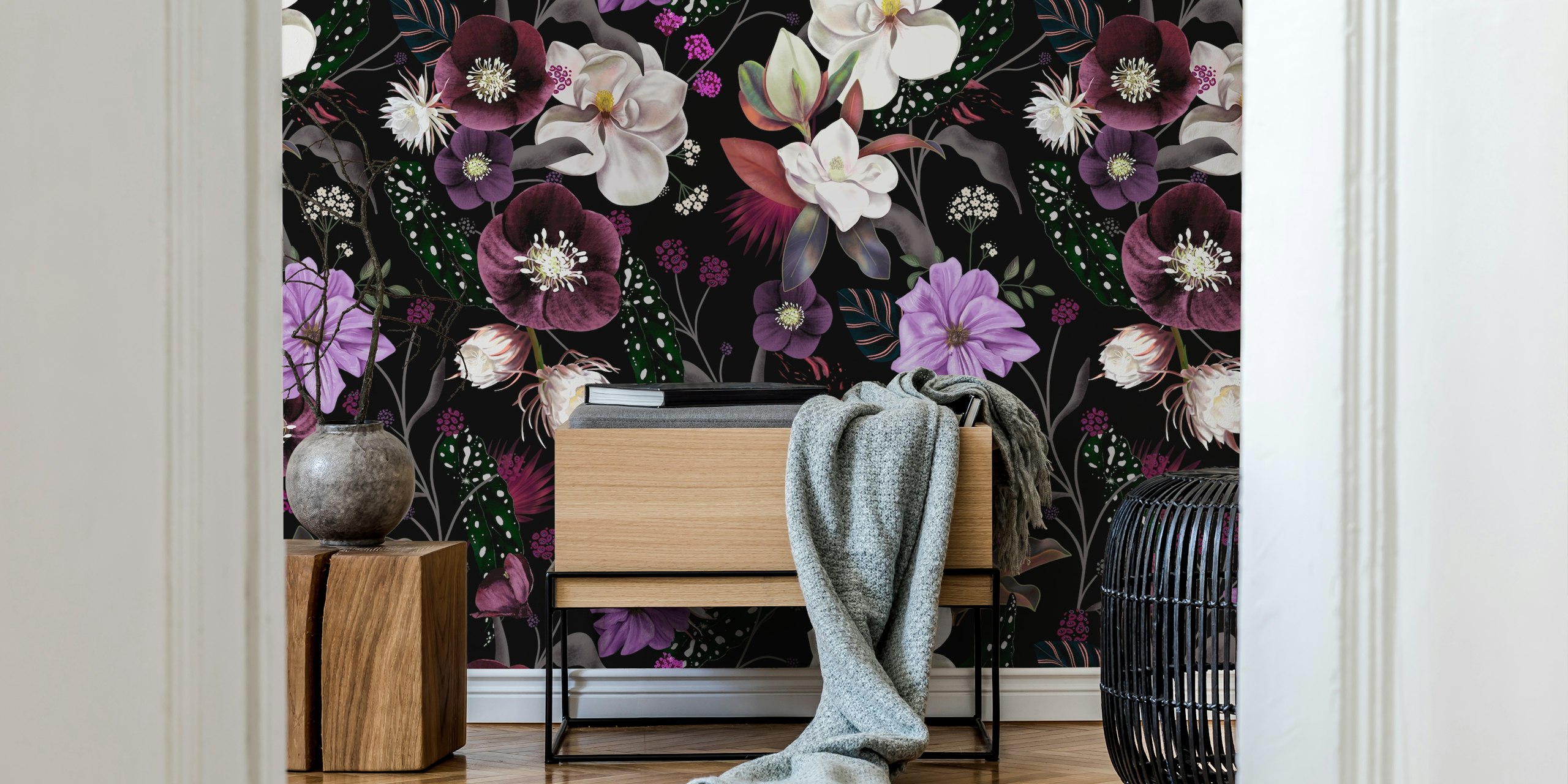 Black floral wallpaper featuring orchids and purple flowers with delicate leaves and stems