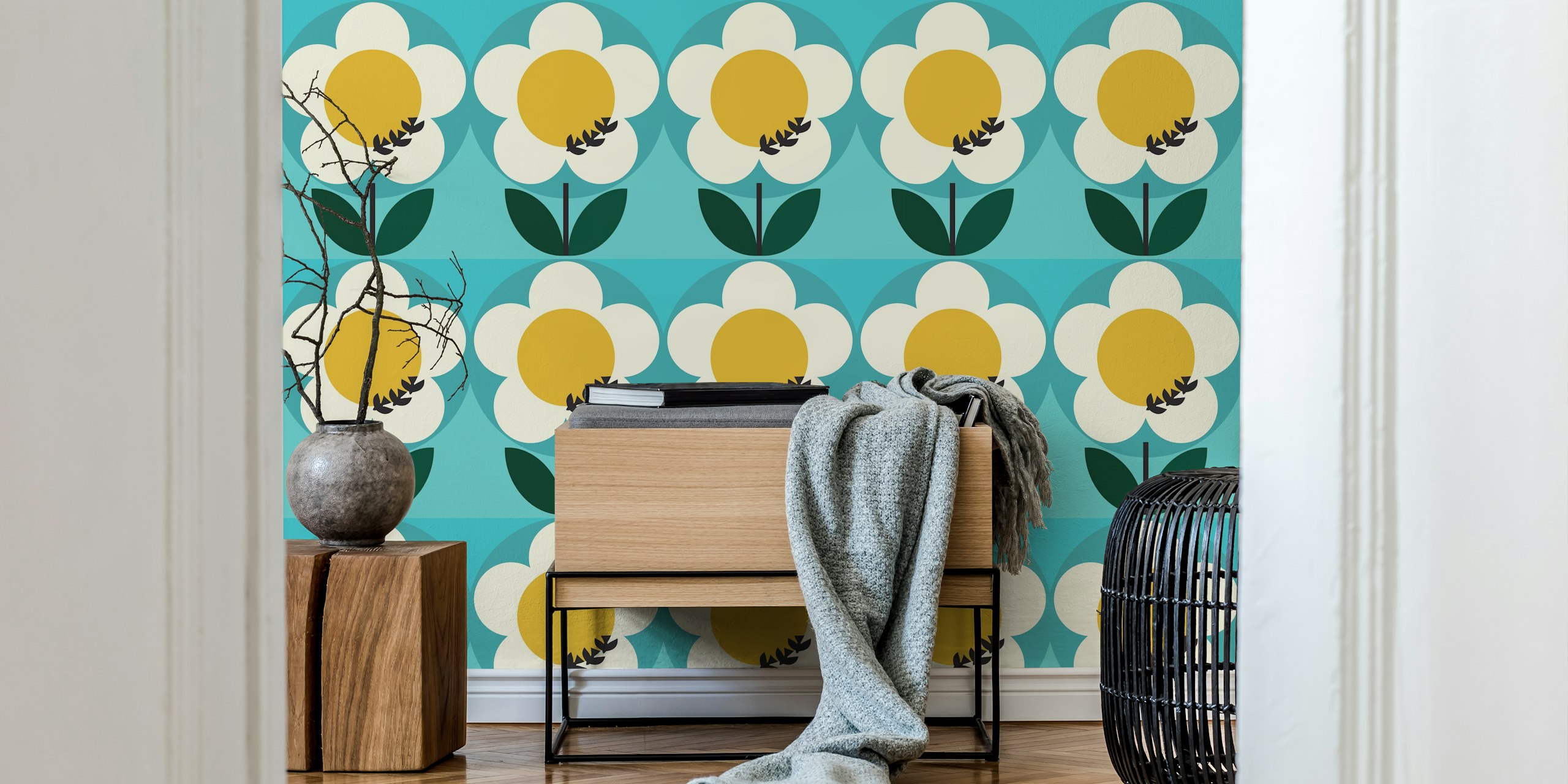 Large flower design with yellow center and black accents on blue background wallpaper