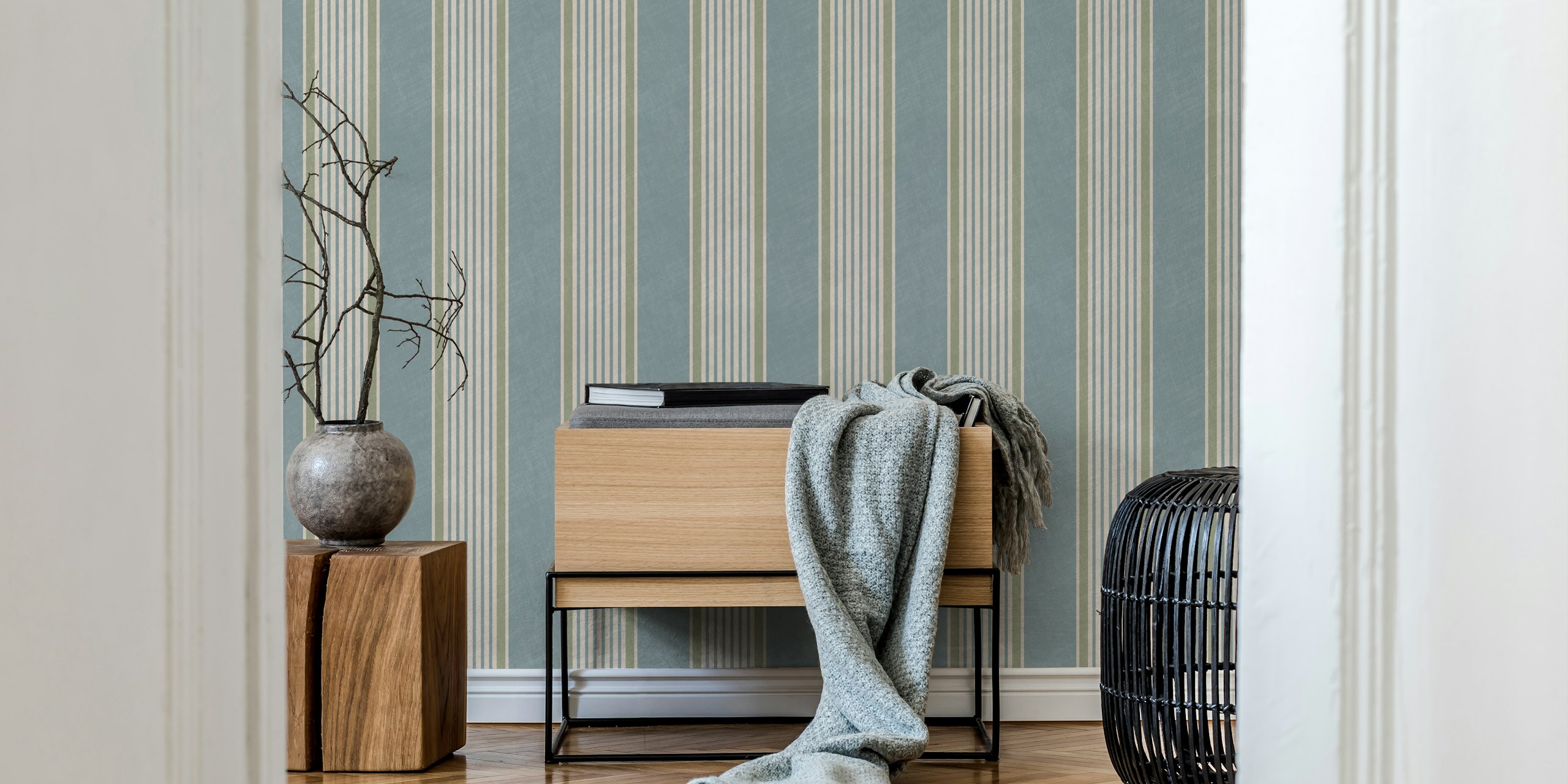 Antique stripes in slate blue and sage green wallpaper