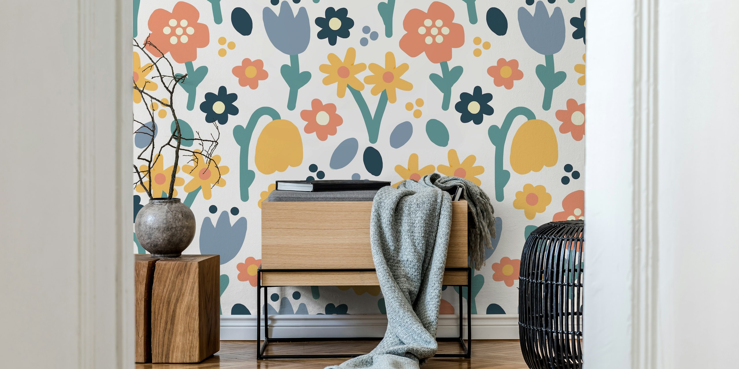 Colorful floral design with pink, blue, yellow, and green elements wallpaper