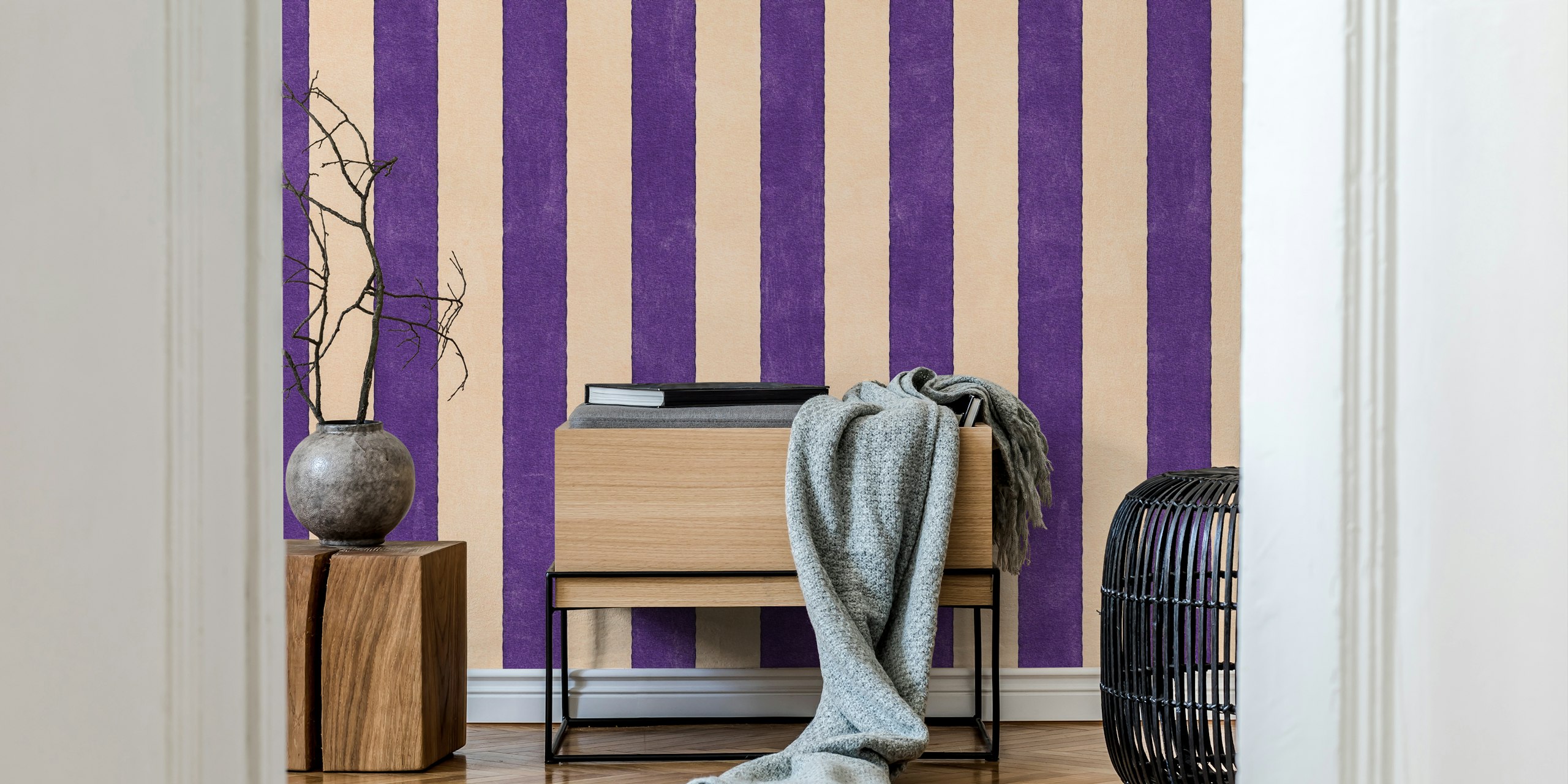 Vertical striped wall mural in fig color