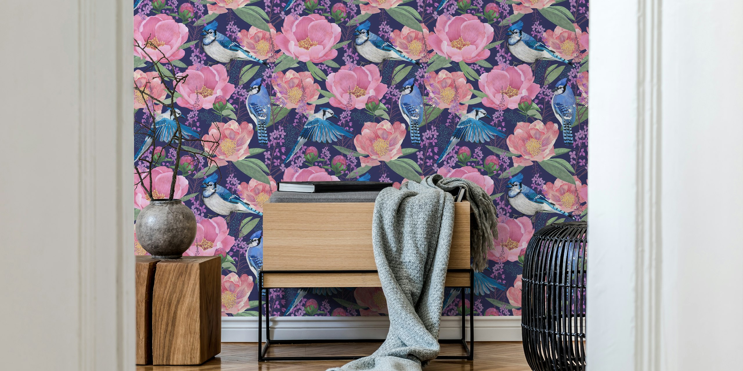 Blue jay birds among pink peonies and purple flowers wallpaper