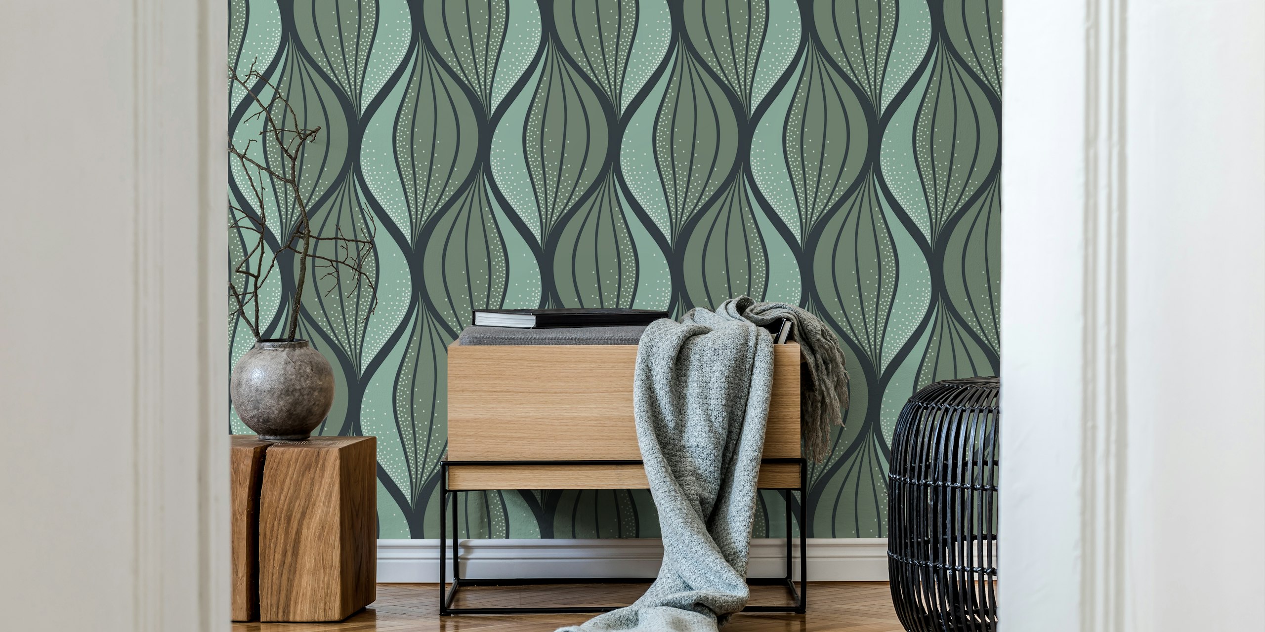 Flowing Leaves τοίχο Μωσαϊκό σε Sage Green και Midnight Blue με Στιγμιότυπα