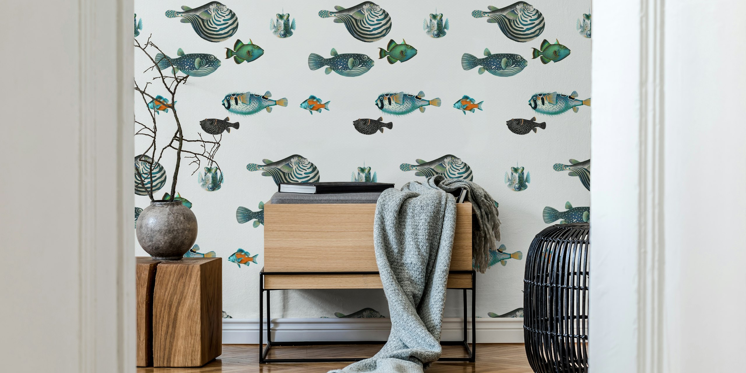 Colorful aquatic fish on a light gray background wallpaper