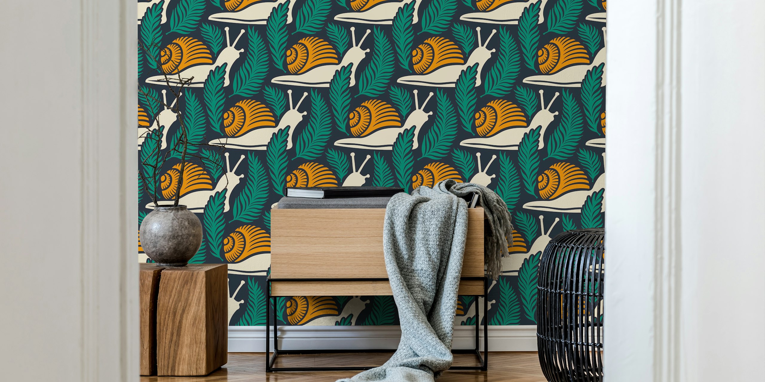Illustrative wall mural of snails among ferns in teal and yellow colors