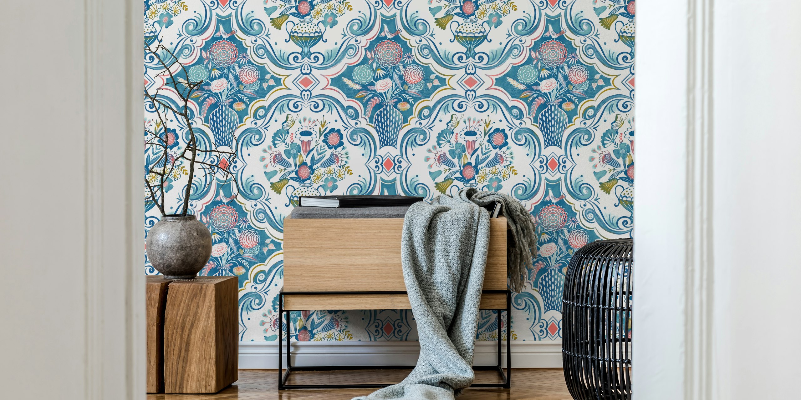Papier peint mural sticker damassé floral bleu et blanc