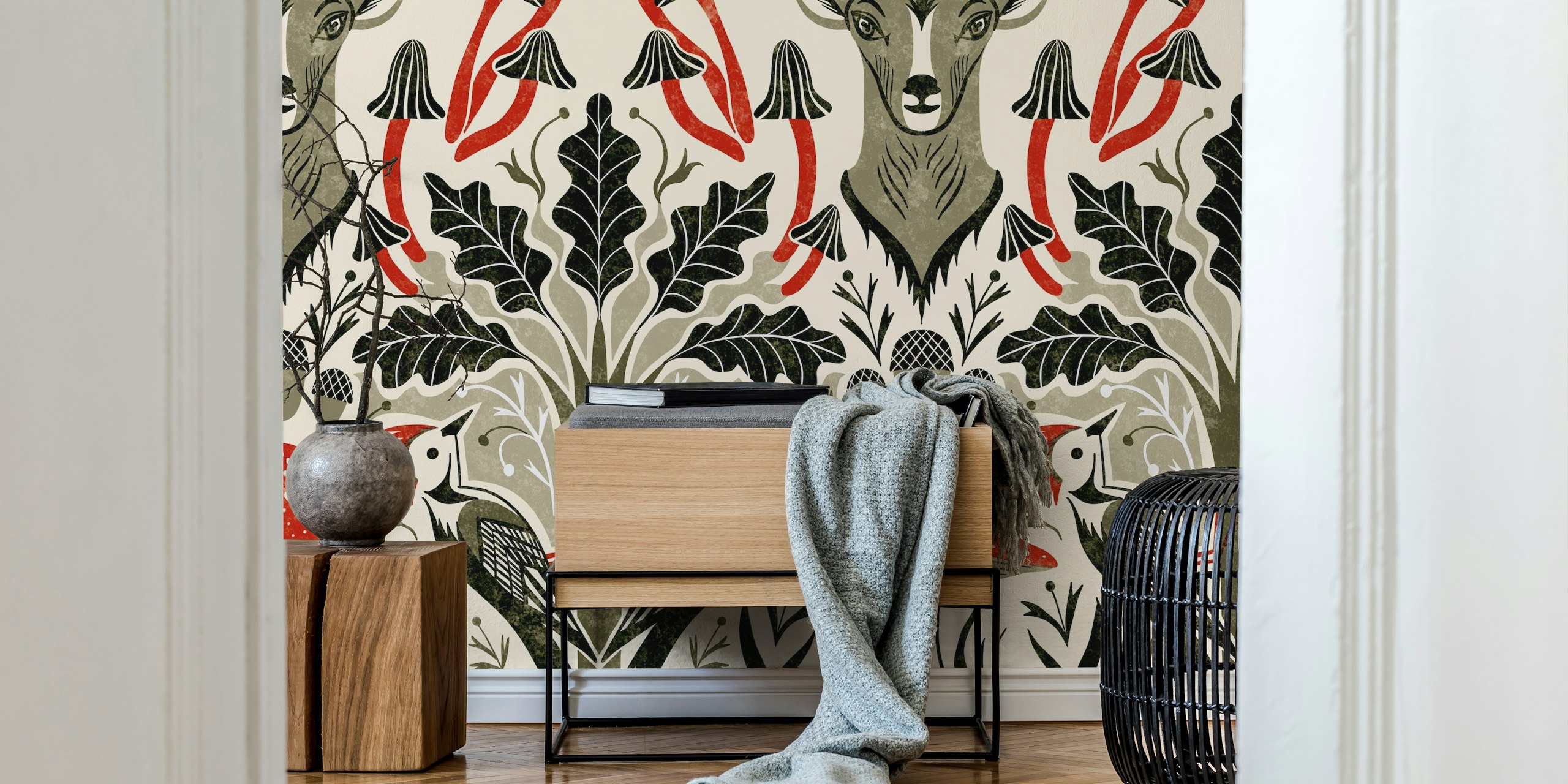 Woodpecker, deer, and oak tree pattern in earthy tones wallpaper