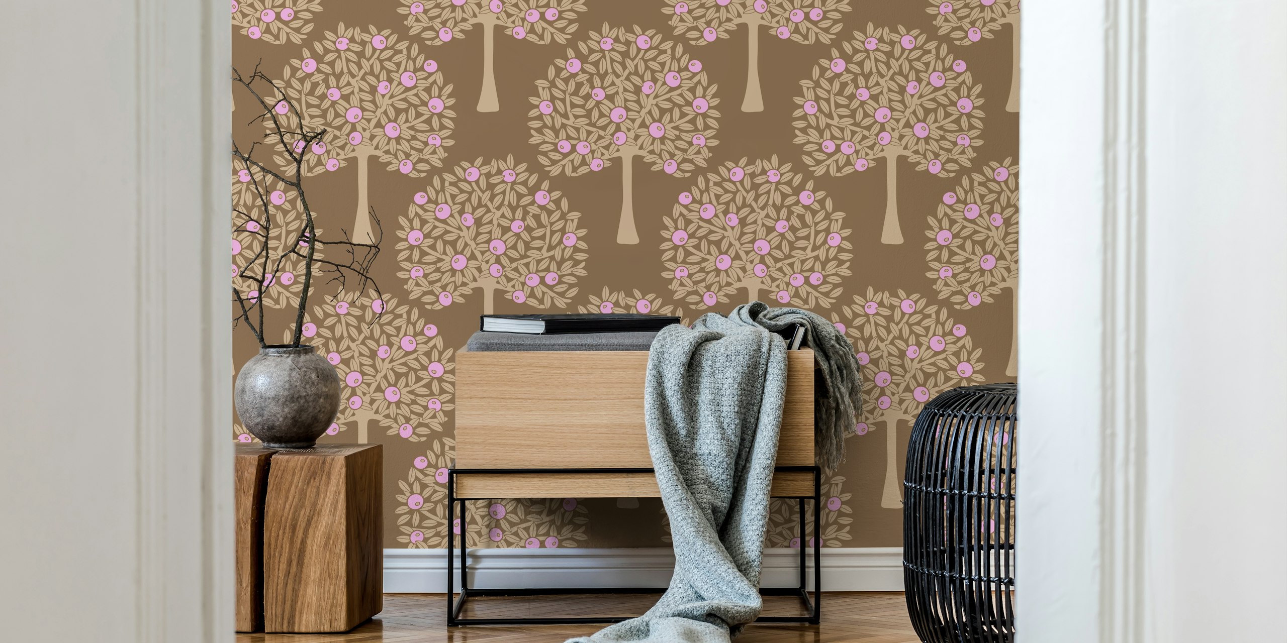 Floral tree pattern with pink fruit on a brown background wallpaper