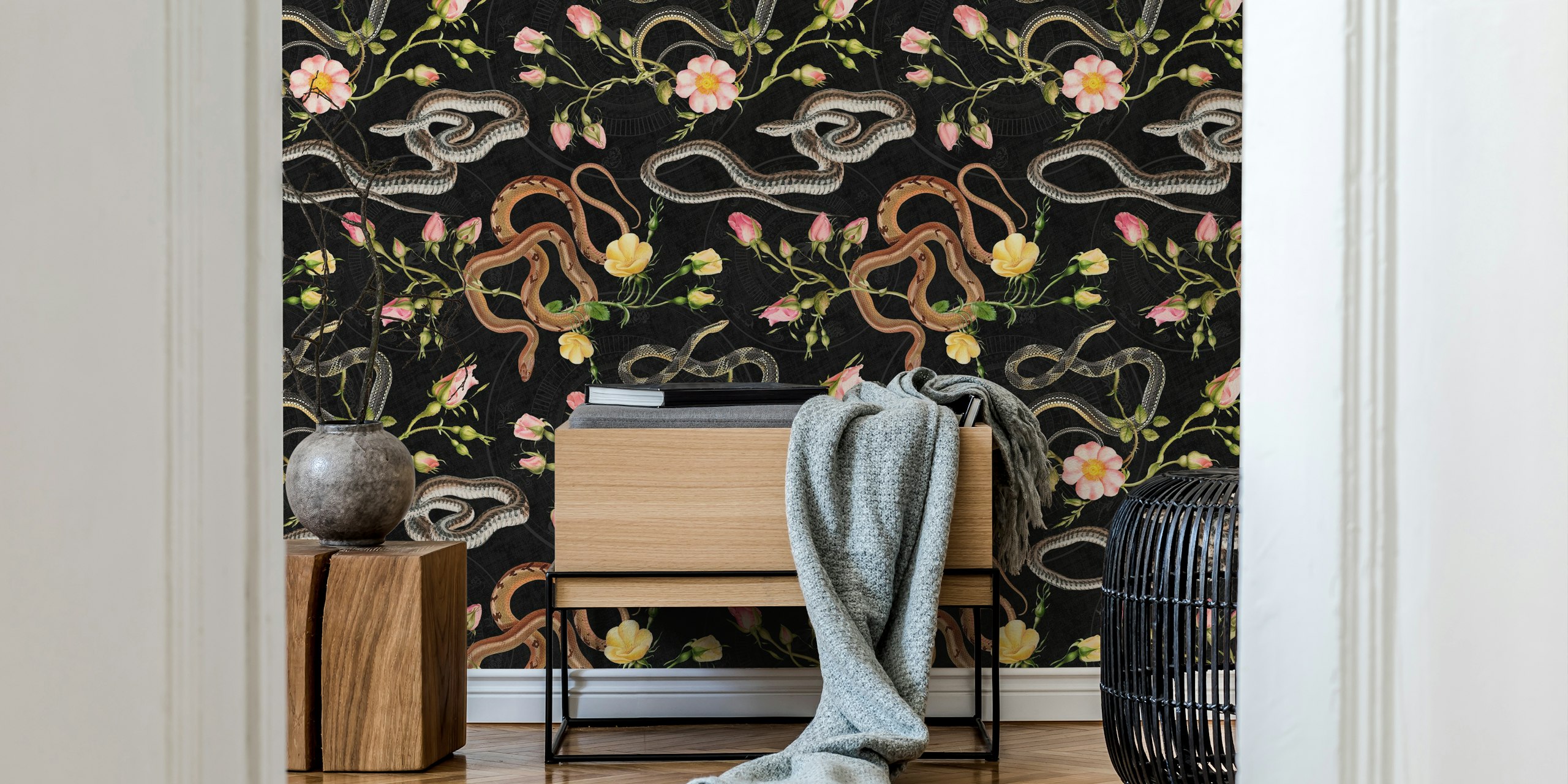 Snakes and roses wall mural with Chinese calendar elements on a black background