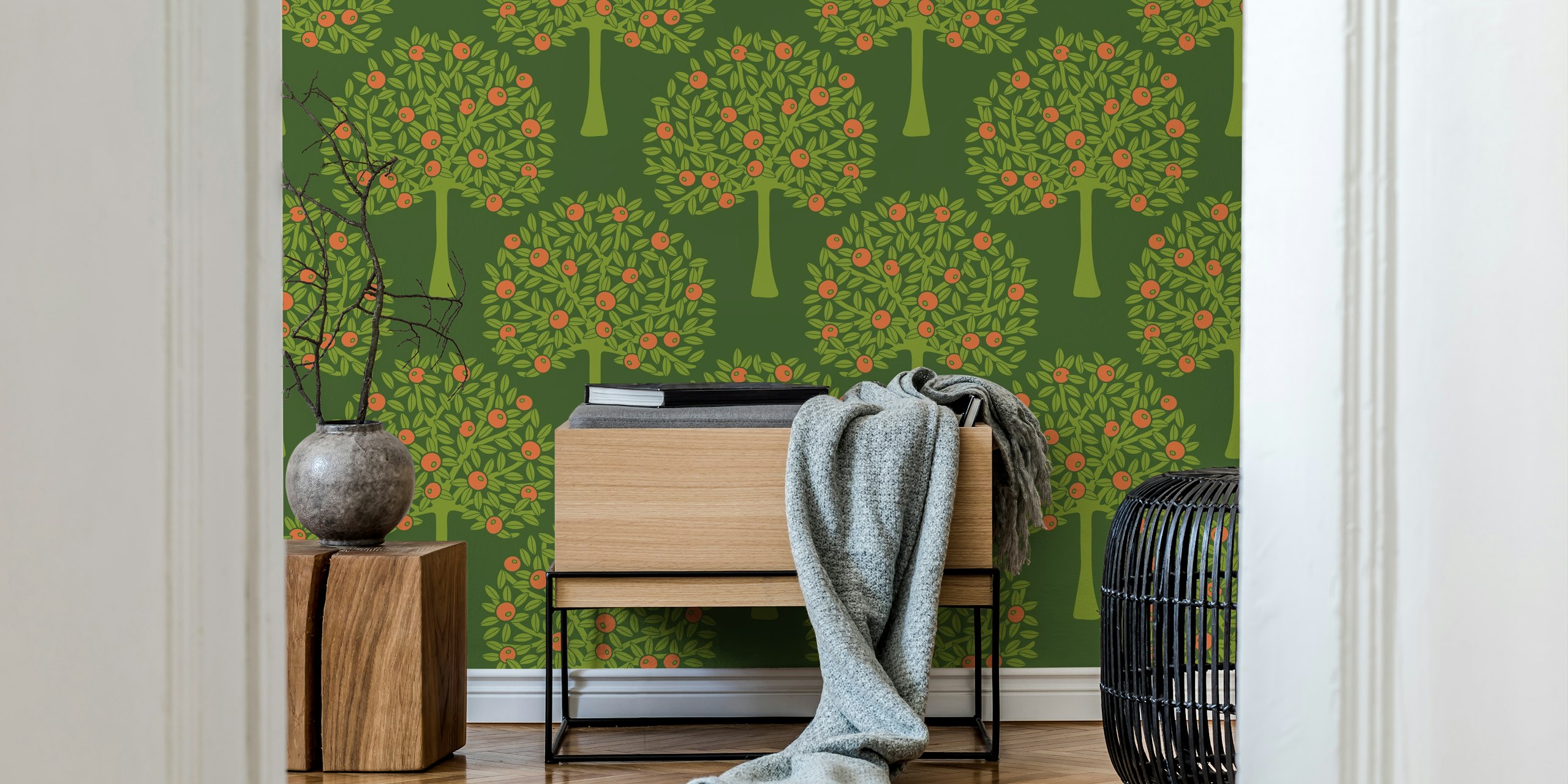Citrus fruit trees with orange fruits and green leaves wallpaper
