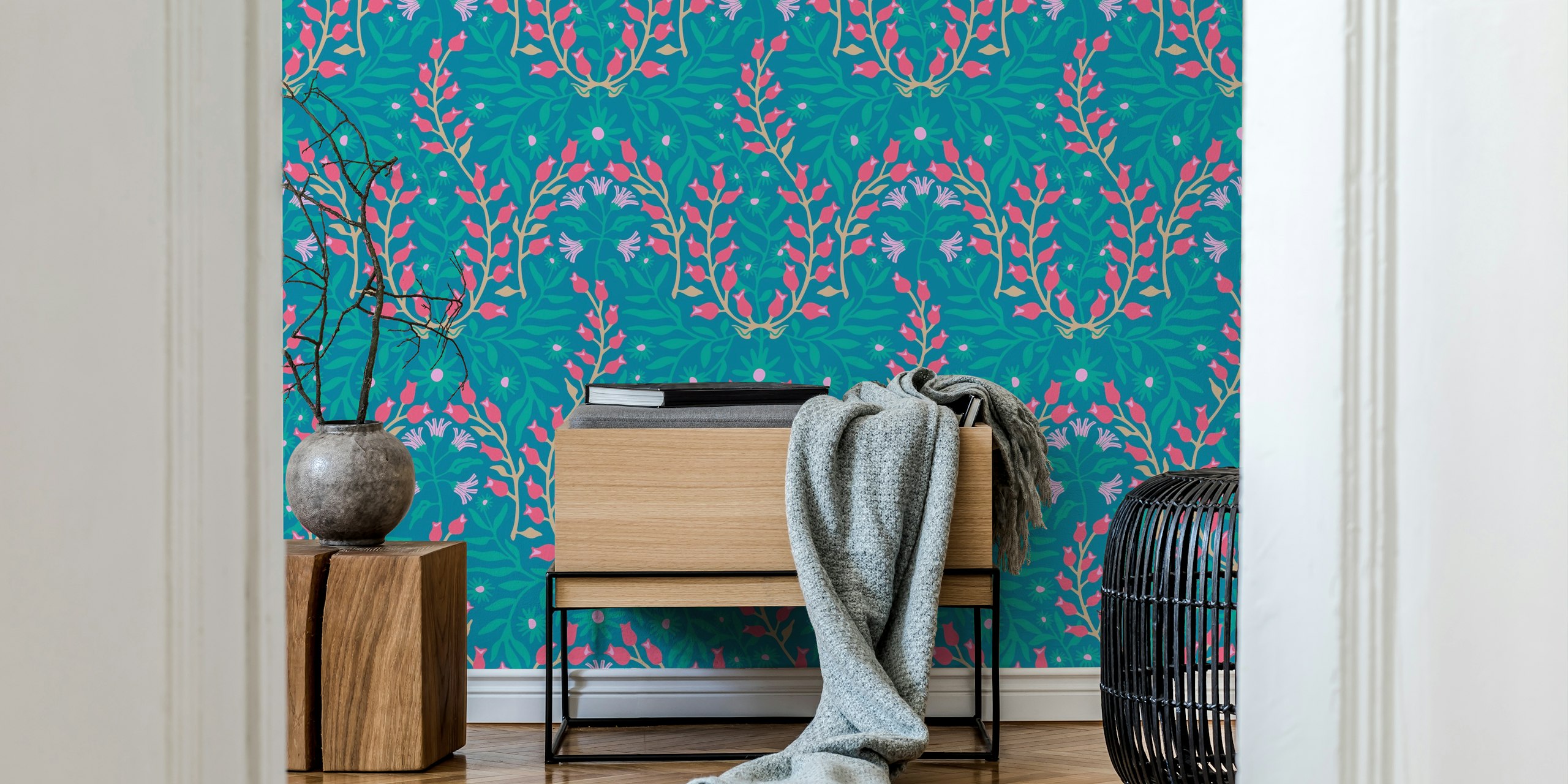 Blue floral wallpaper in a room