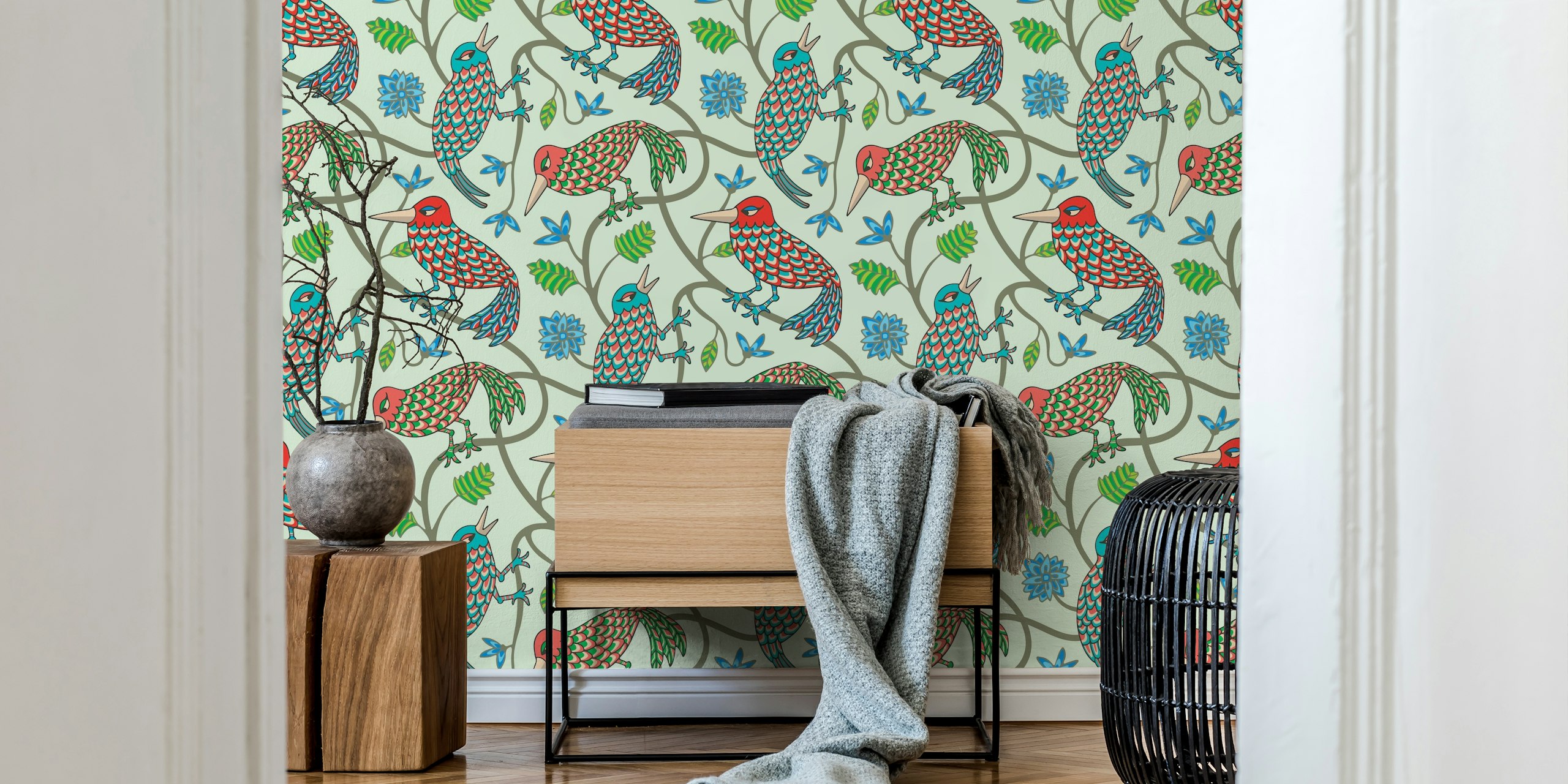 Colorful Kawaii birds with flowers on light green wallpaper