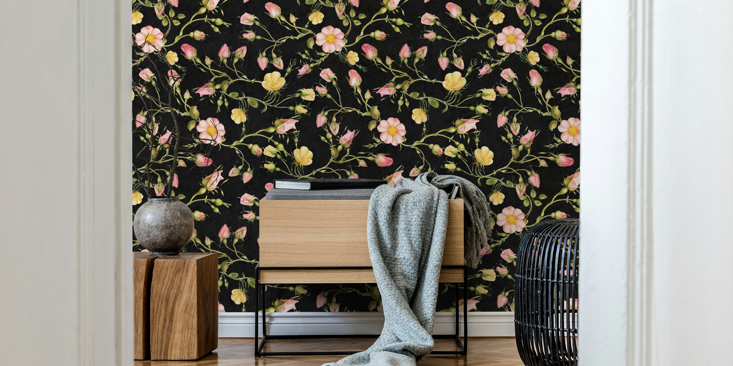 Vintage roses wallpaper in a room