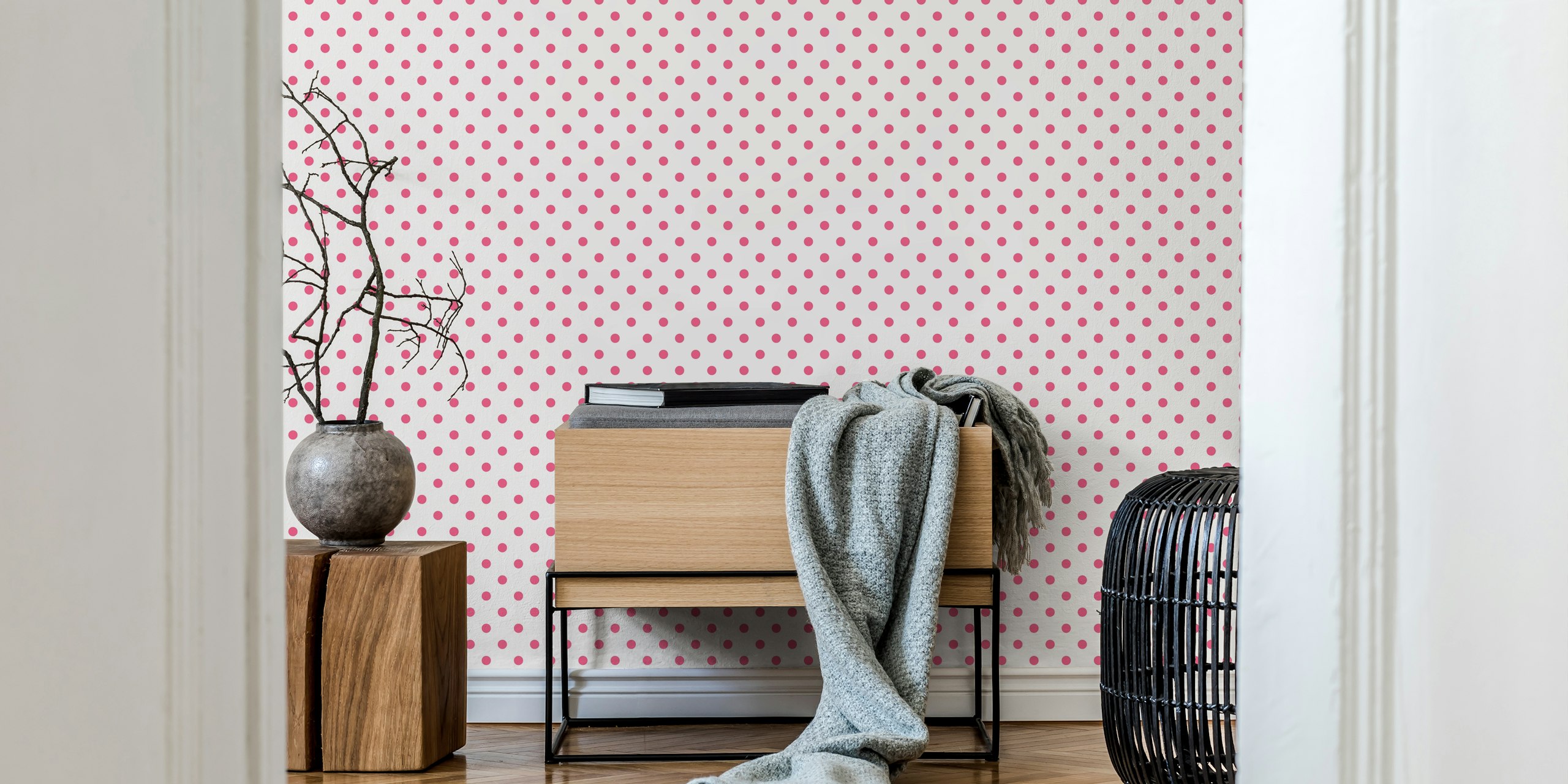 White wallpaper with bright pink dots in a repeating pattern