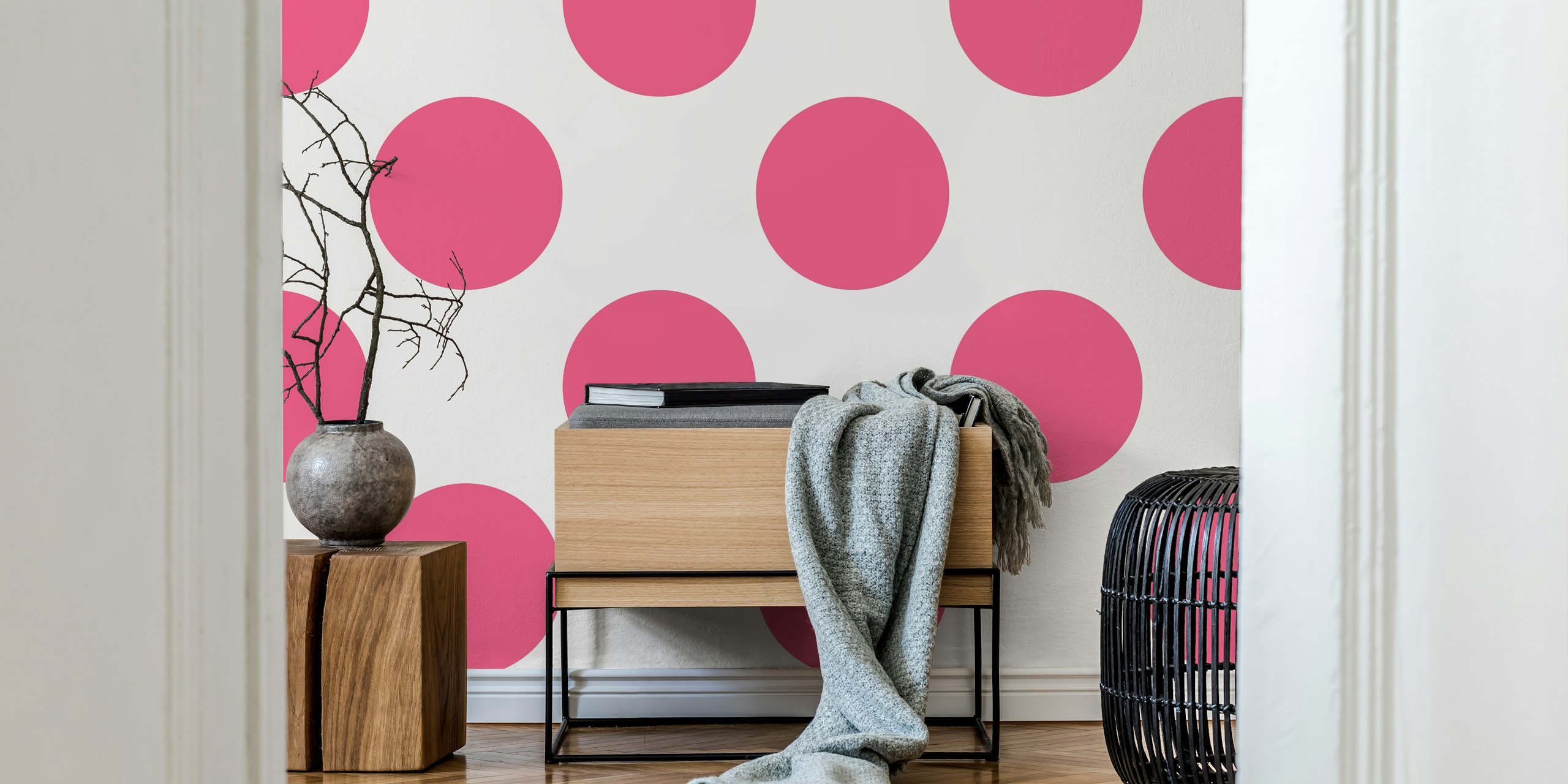 Hot pink polka dots on a white background wallpaper
