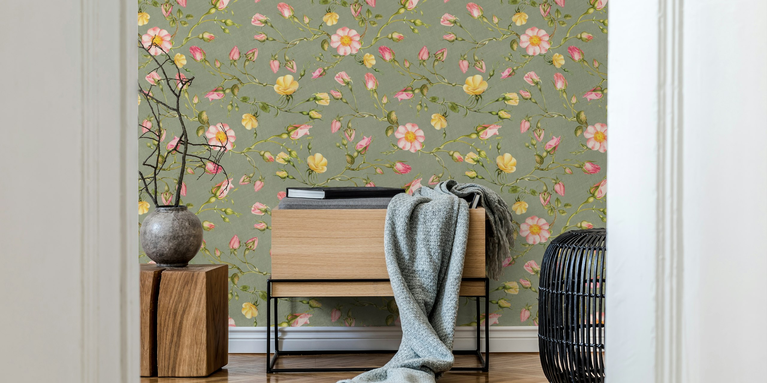 Vintage floral wallpaper with pink and yellow roses on sage green background