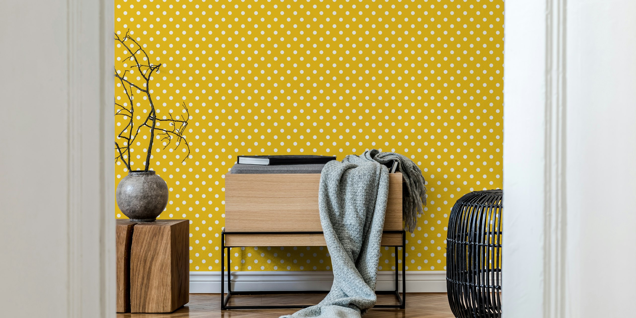 Gold and white polka dot pattern wallpaper