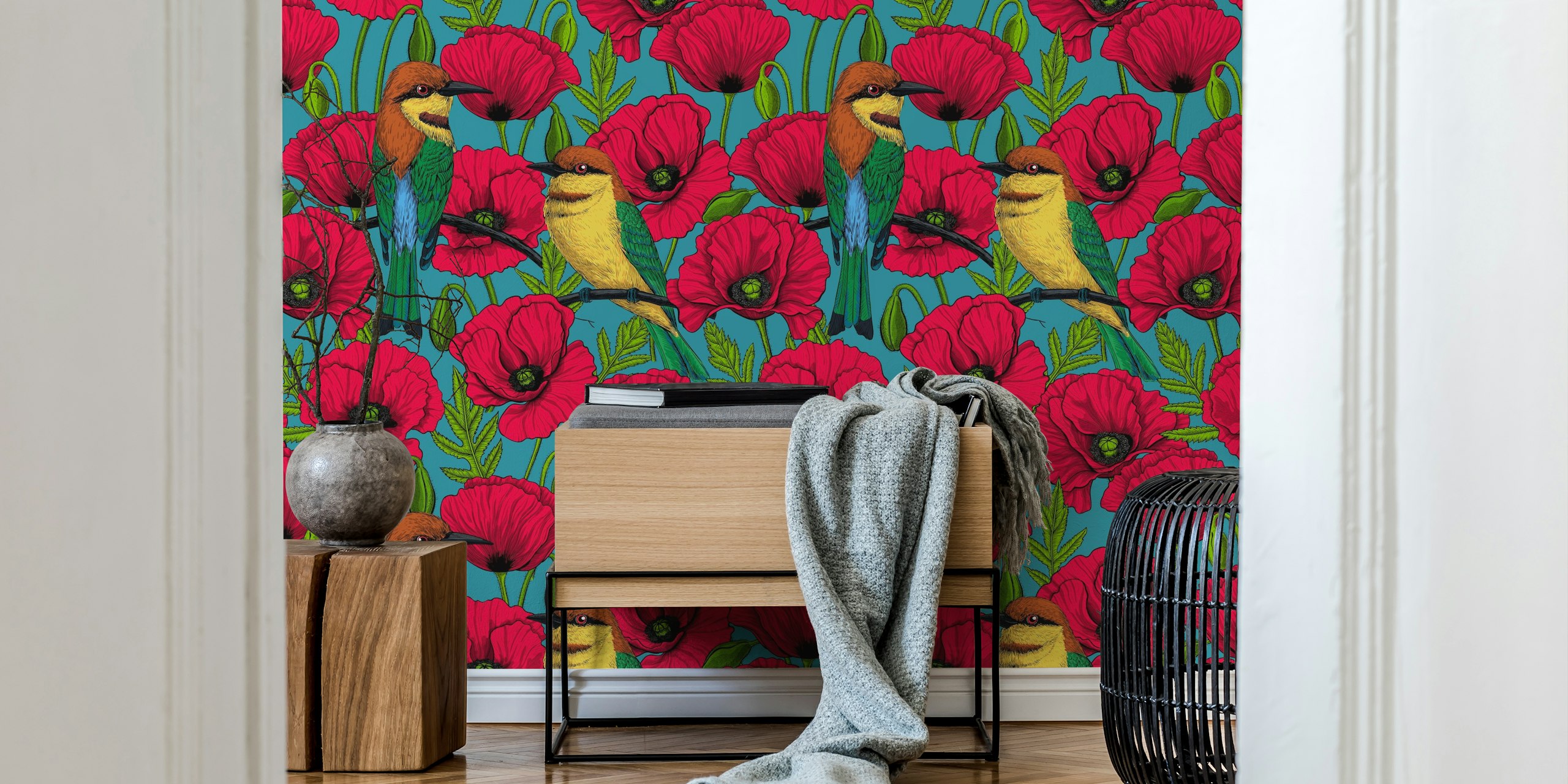 Bee eaters and red poppies on turquoise background wallpaper