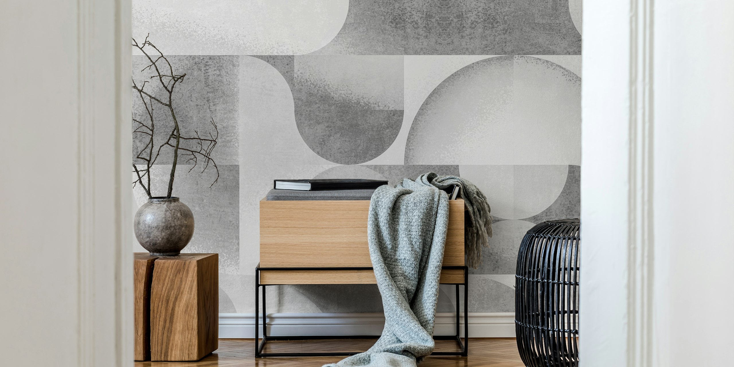 Gray concrete Bauhaus style wallpaper in a room