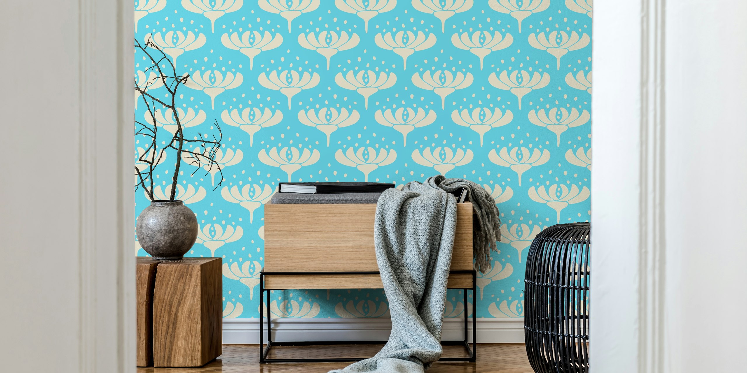 Blue sky retro floral wallpaper in a room