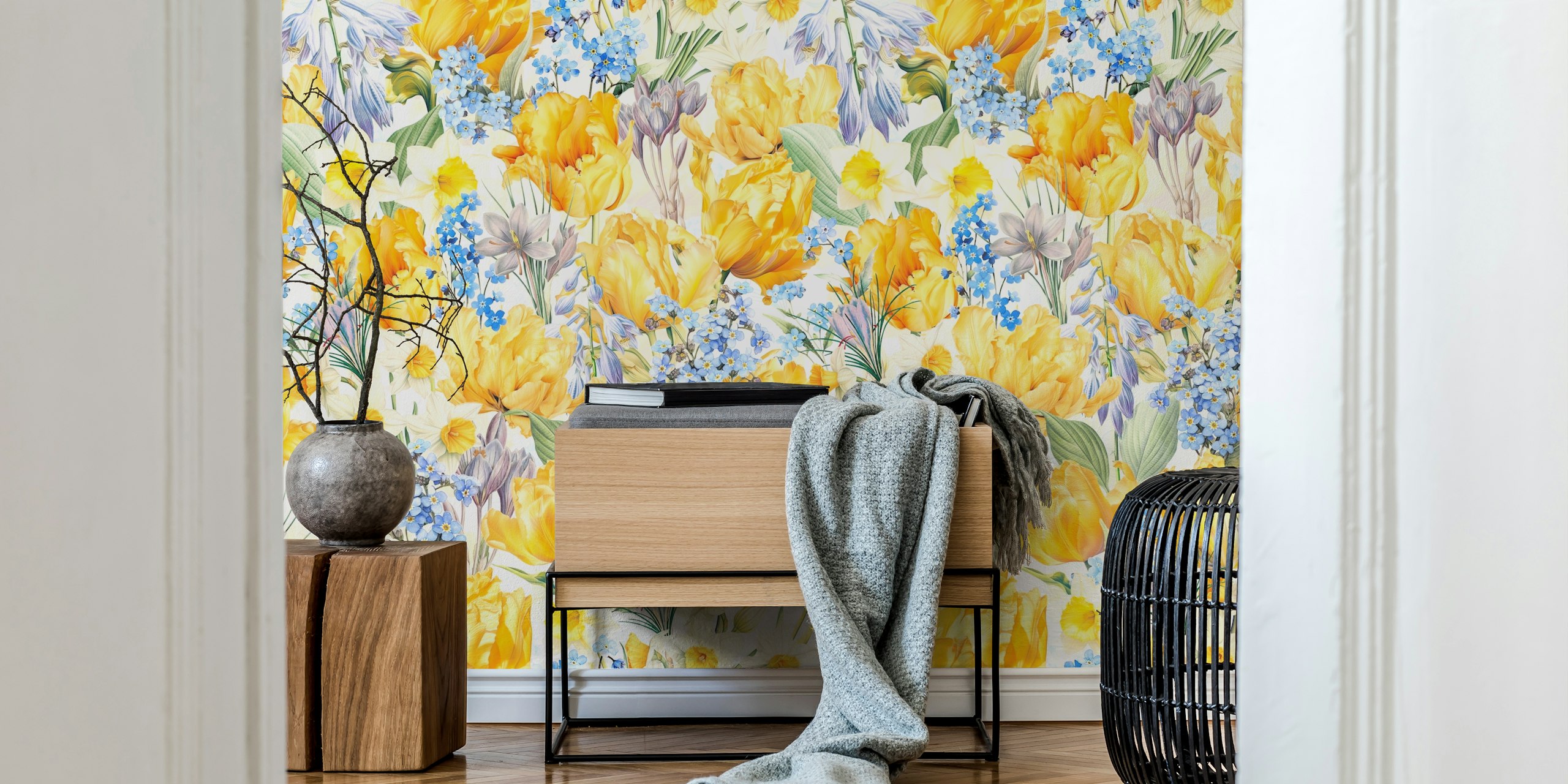 Colorful floral design with yellow tulips and blue flowers wallpaper