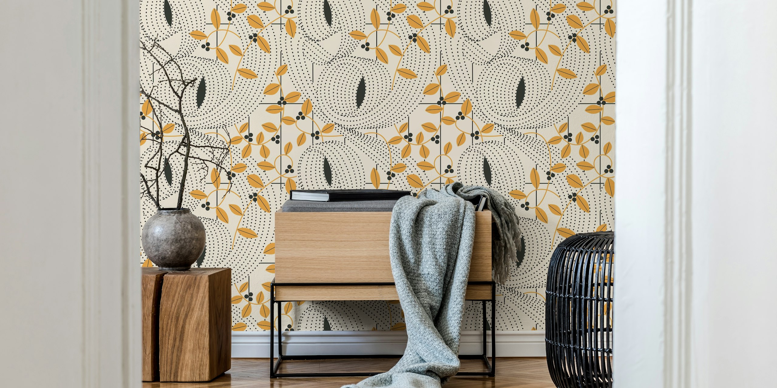 Botanical pattern with black leaves and goldenrod accents on cream background wallpaper