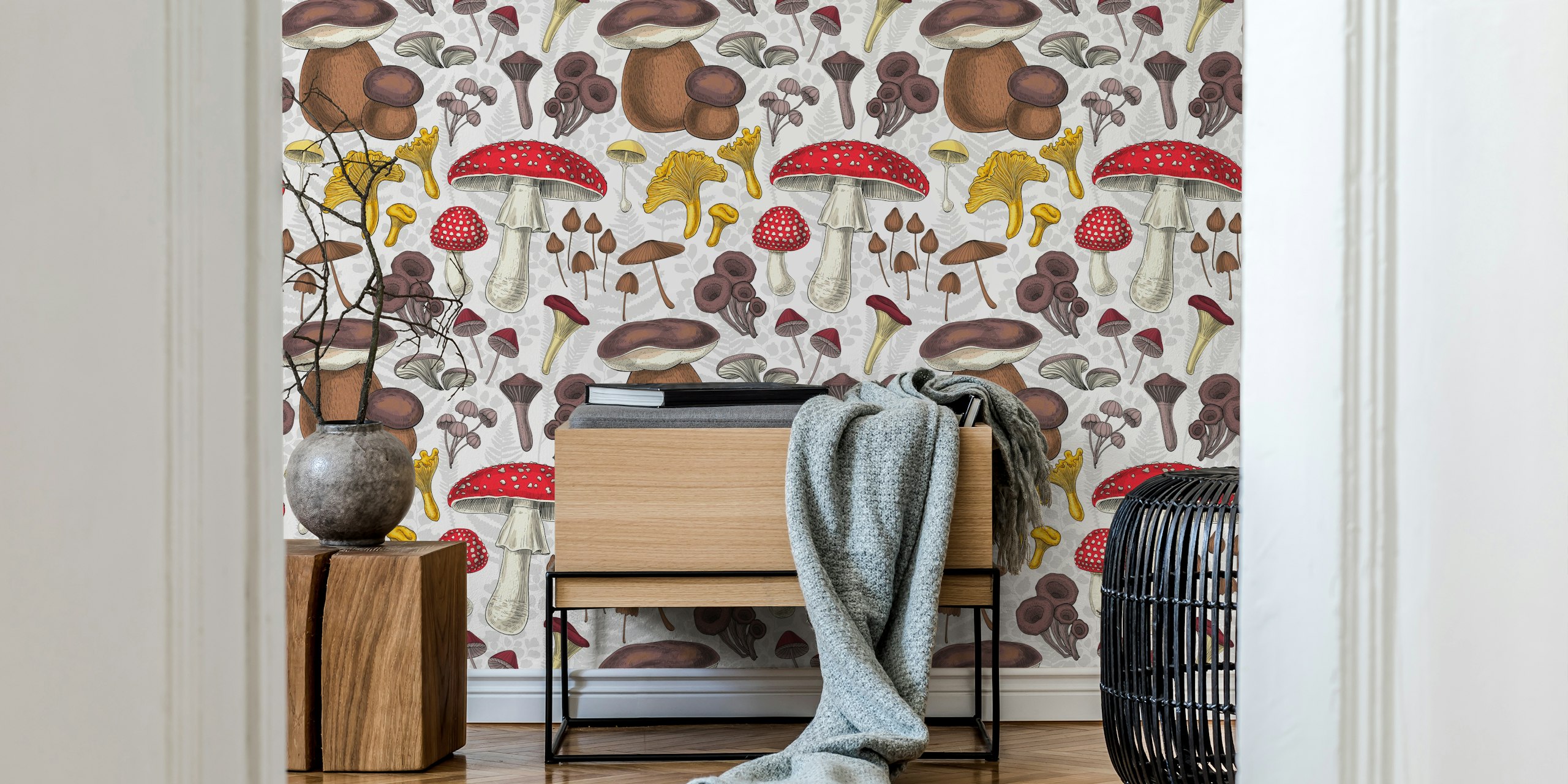 Wild mushrooms wallpaper in a room