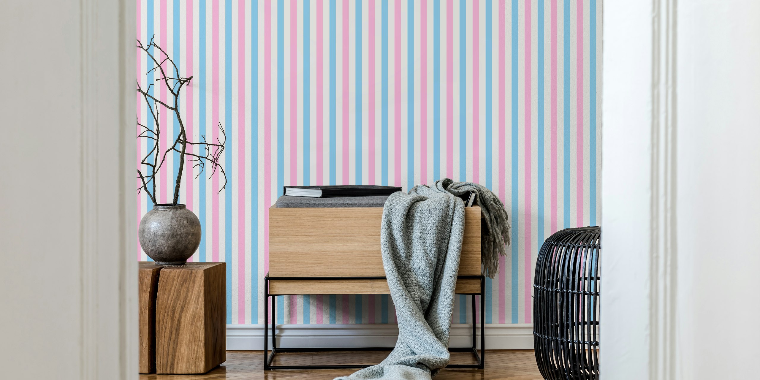 Light blue and pink vertical stripes wallpaper in a room