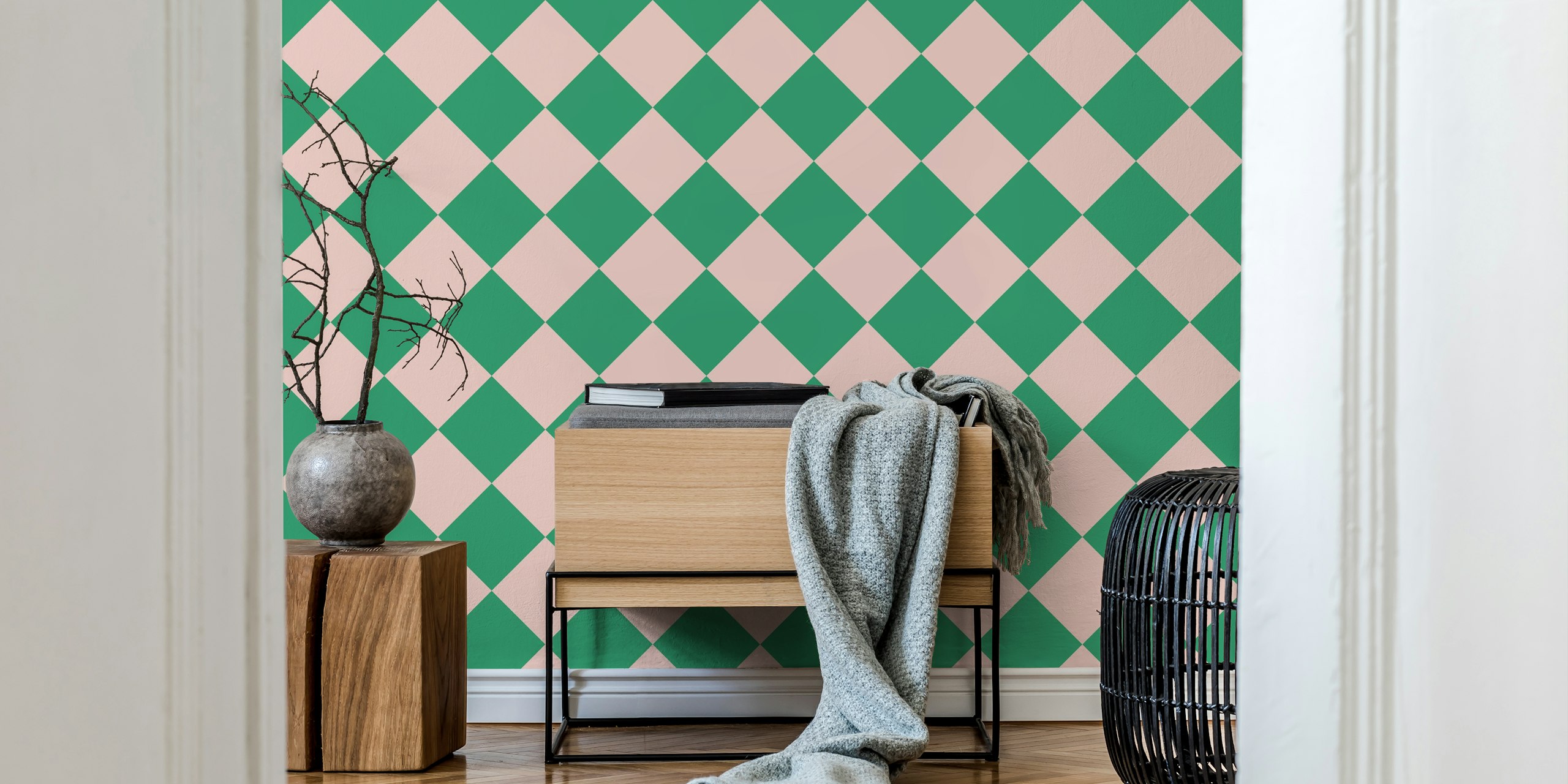 Rosa y verde Diagonal Checkerboard Large - Pink and Green