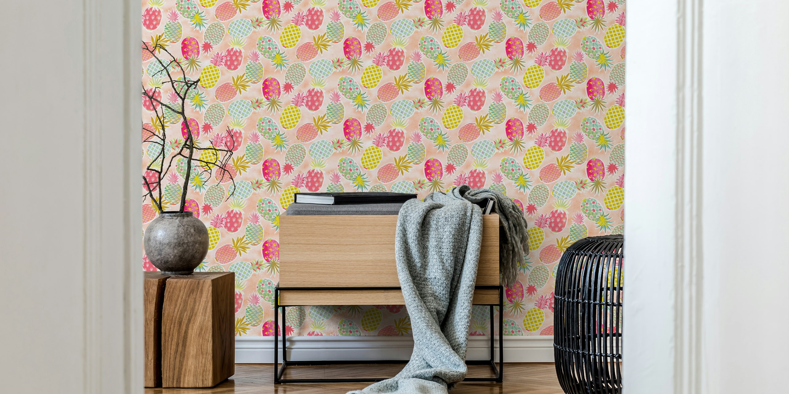 Pastel tropical pineapples wallpaper in a room