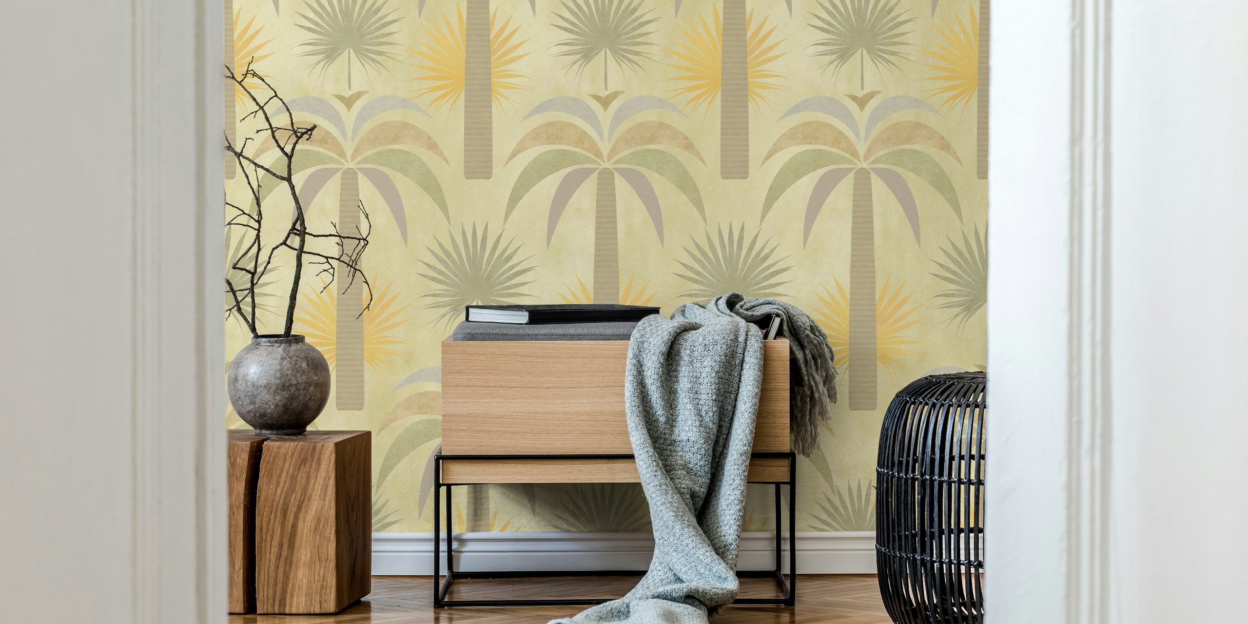 Tropical palm trees in soft green and yellow wallpaper