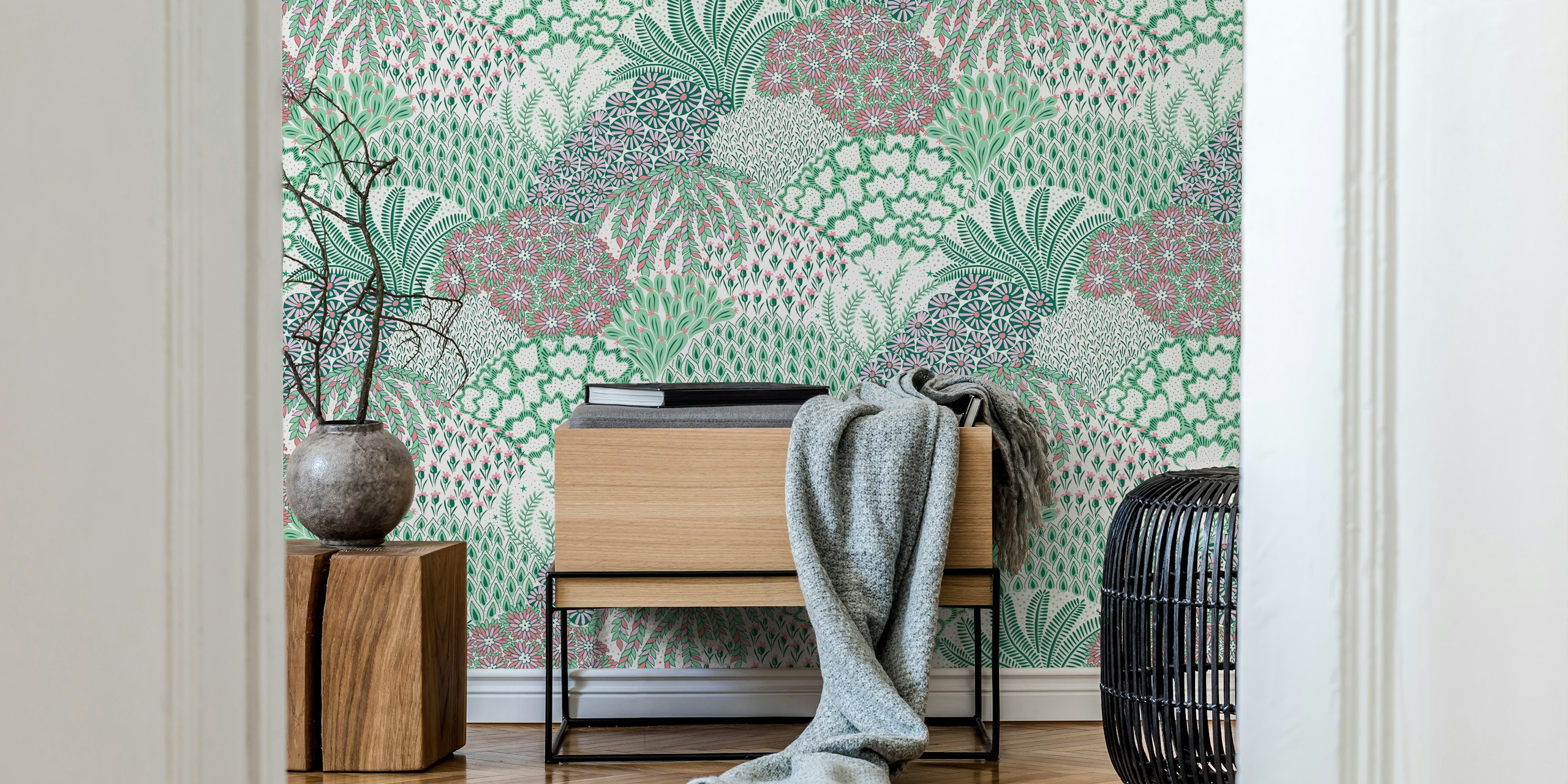 Colorful botanical floral wallpaper in green and pink shades