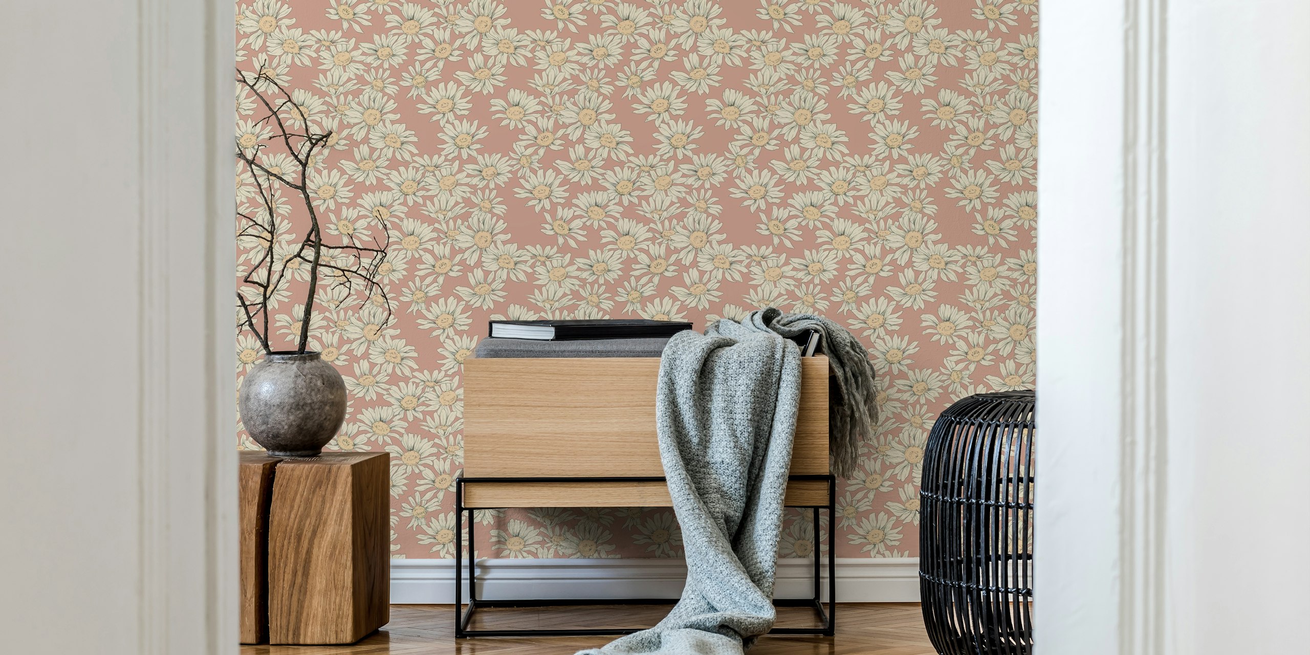 Bländande Daisy Terra tapet med neutrala prästkragar på terrakottabakgrund