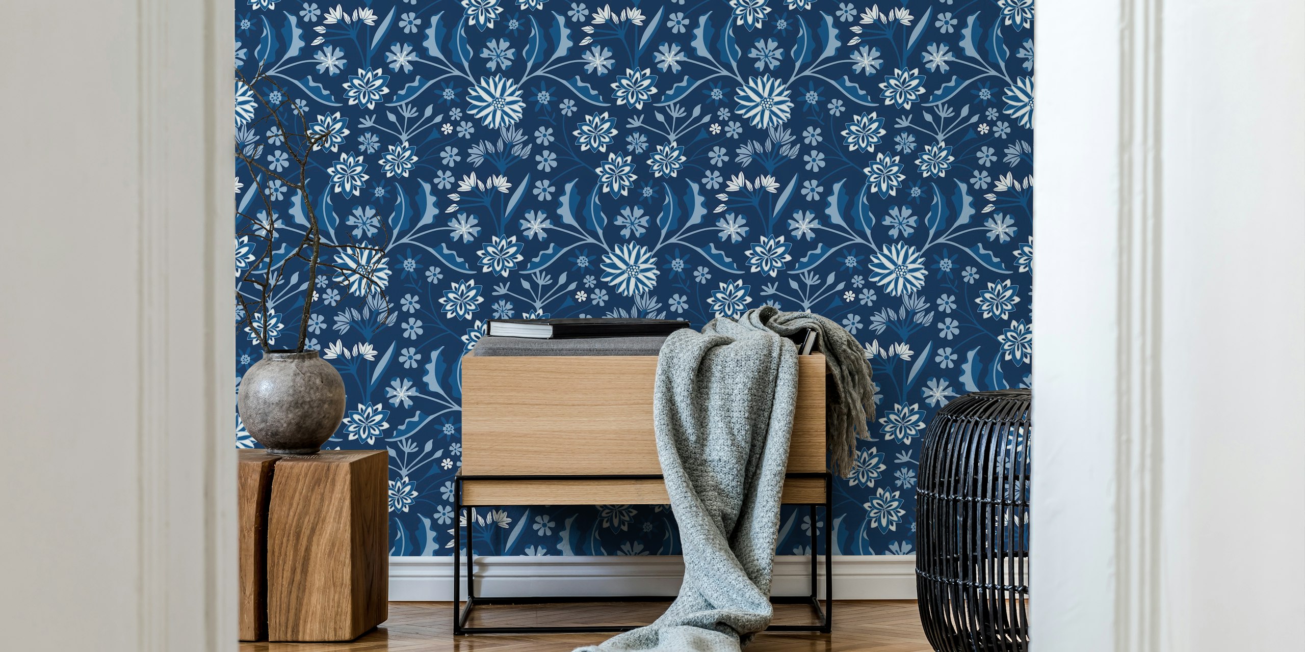 Indigo blue floral pattern wallpaper with various flowers and leaves