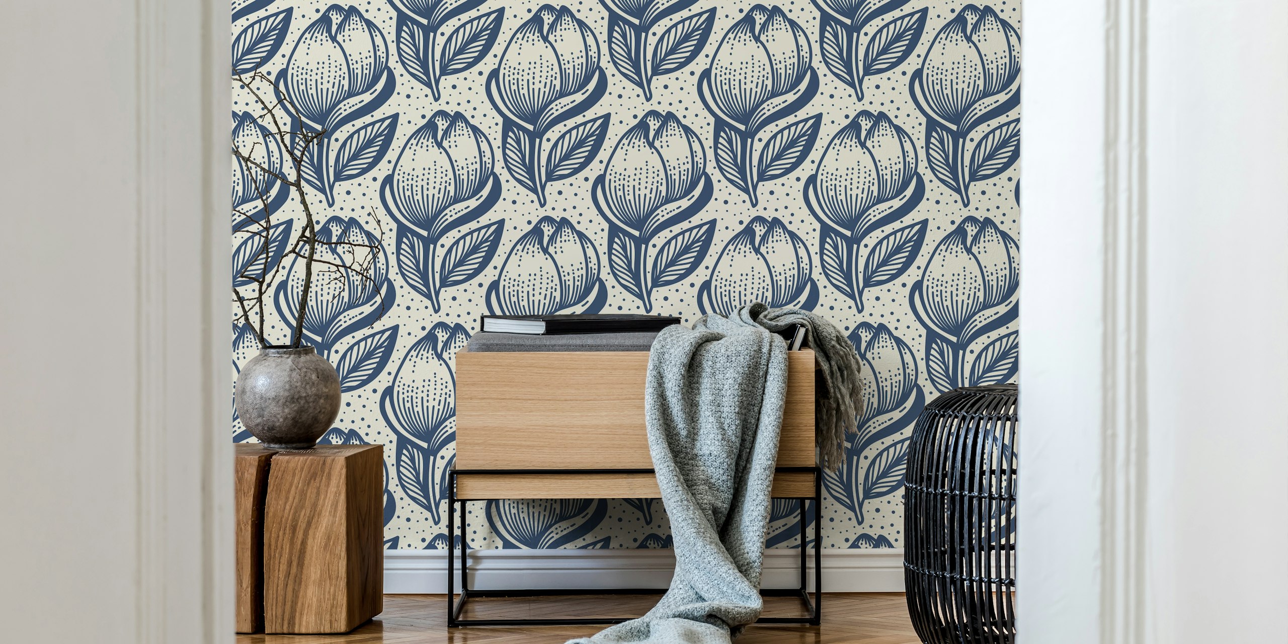 Magnolia blossoms with navy leaves on cream background wallpaper