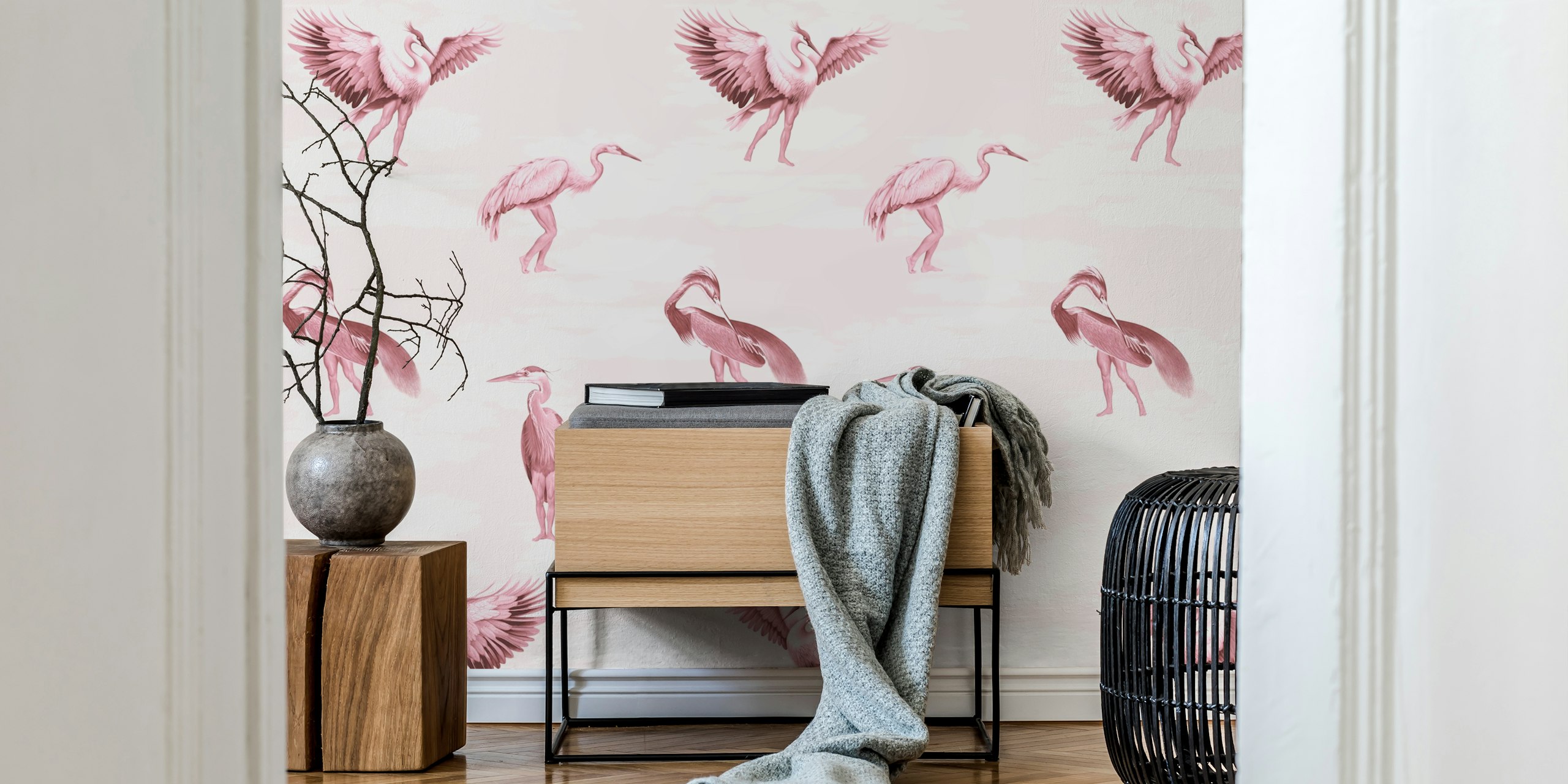 Vintage pink crane bird wallpaper with birds in flight and standing.