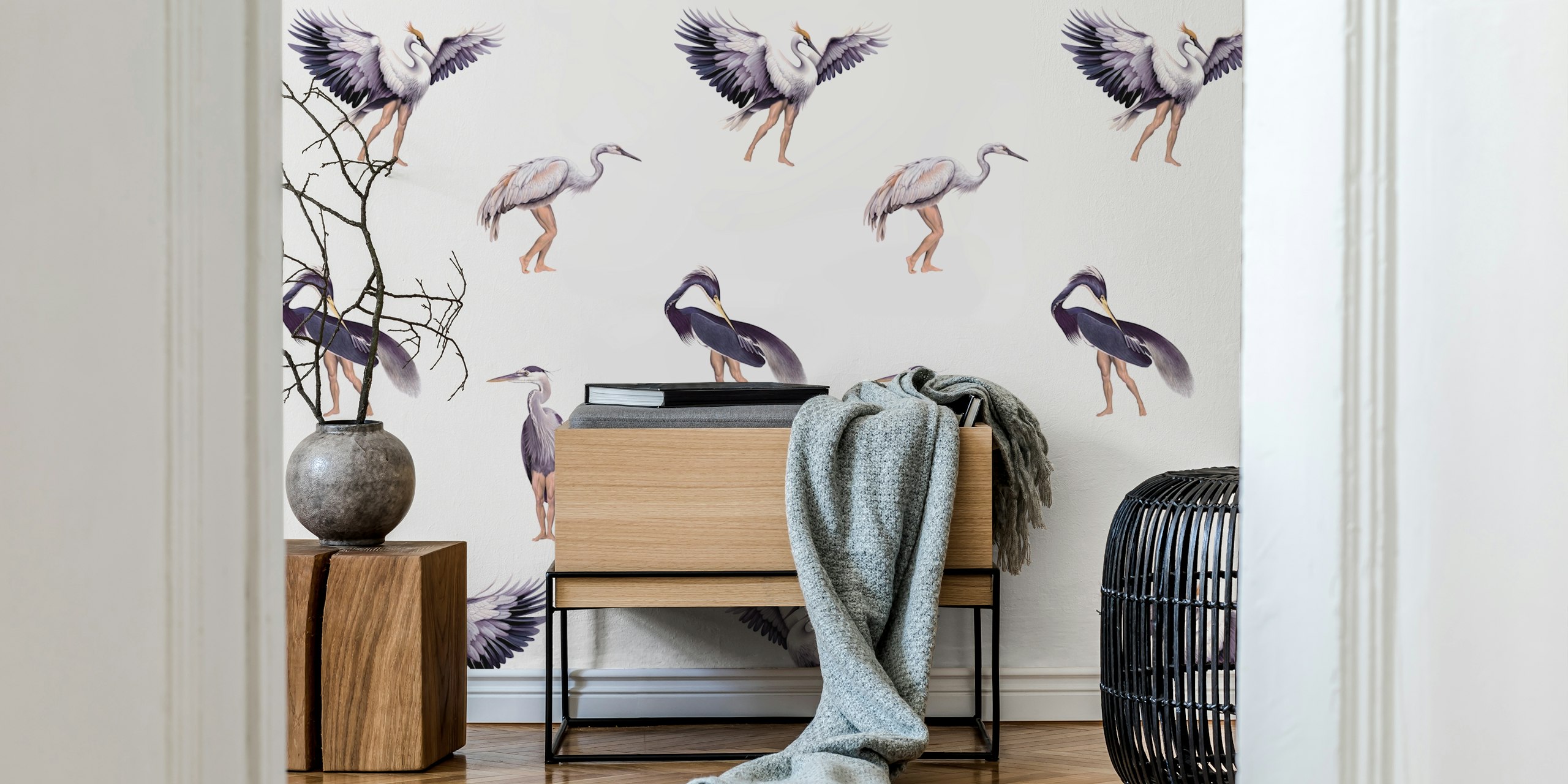 Elegant crane birds on pastel wallpaper design