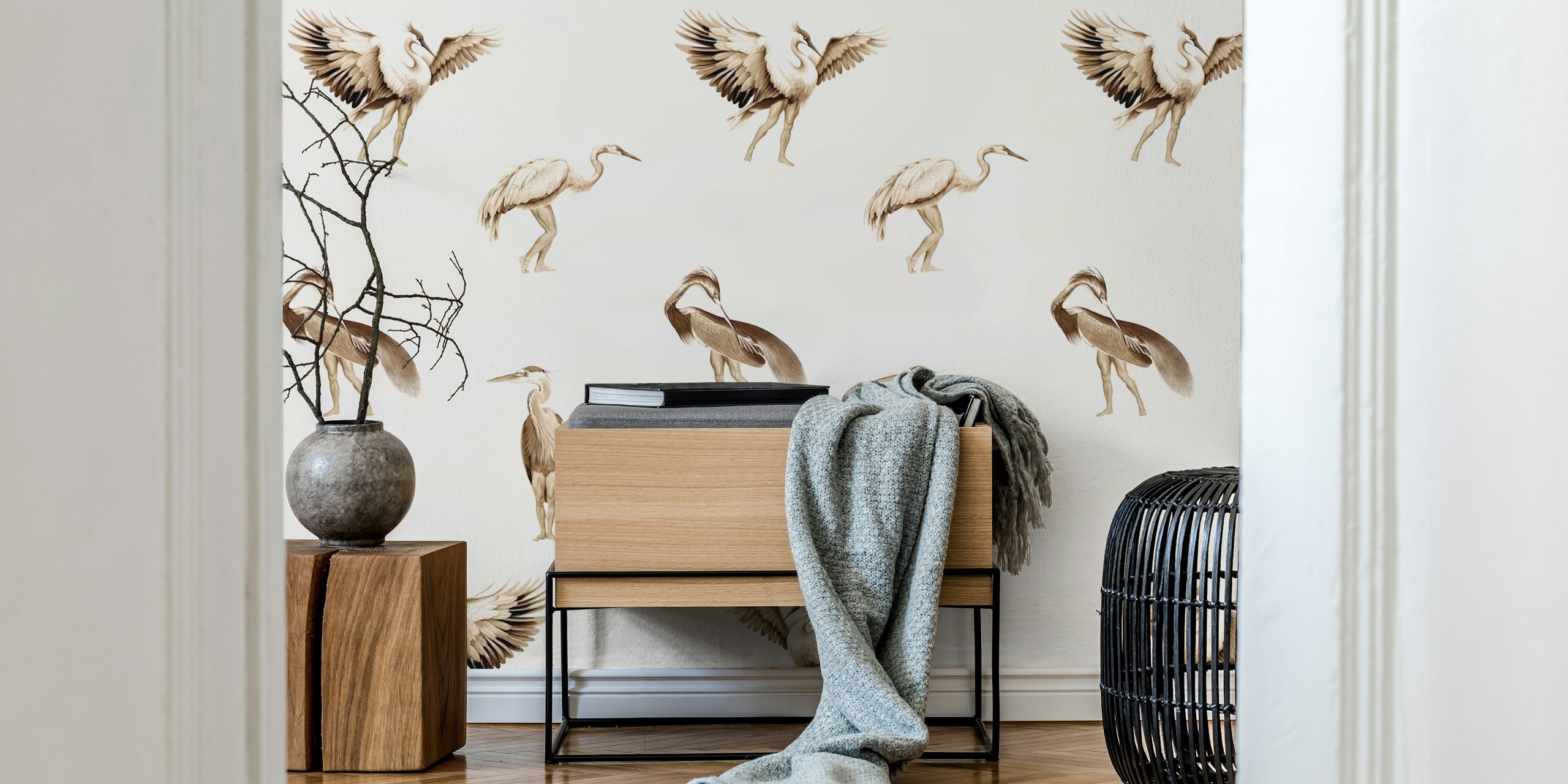 Sepia toned crane birds in graceful poses wallpaper