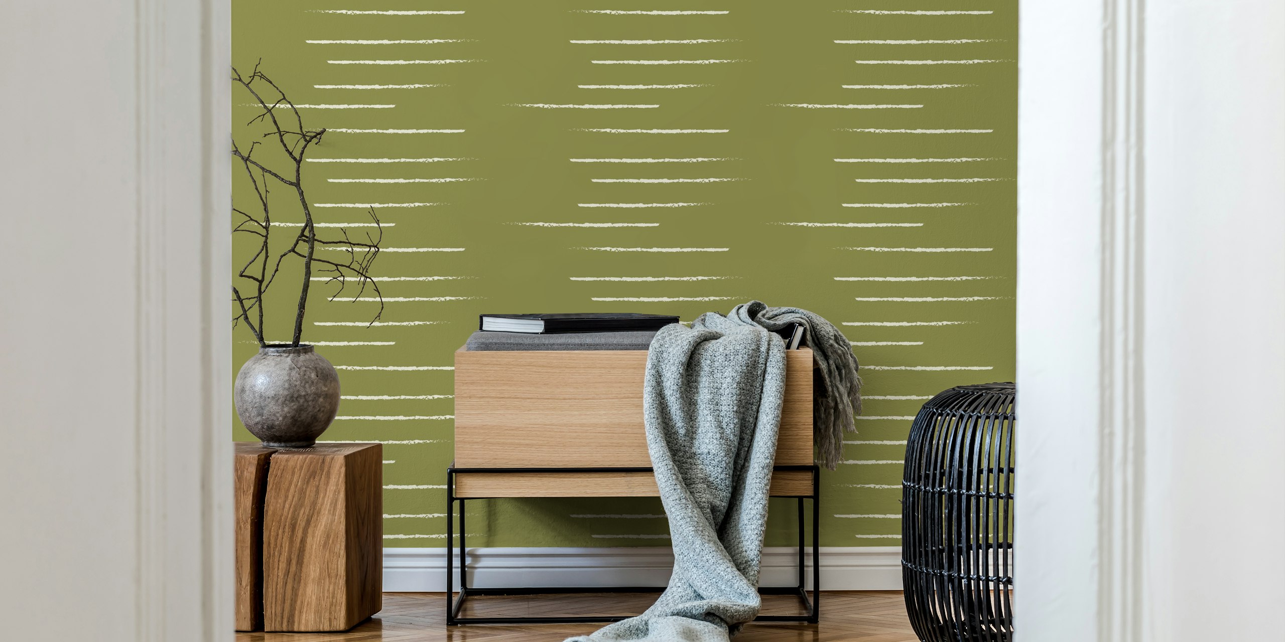 Warm Minimalism Stripe Artichoke Beige wallpaper in a room