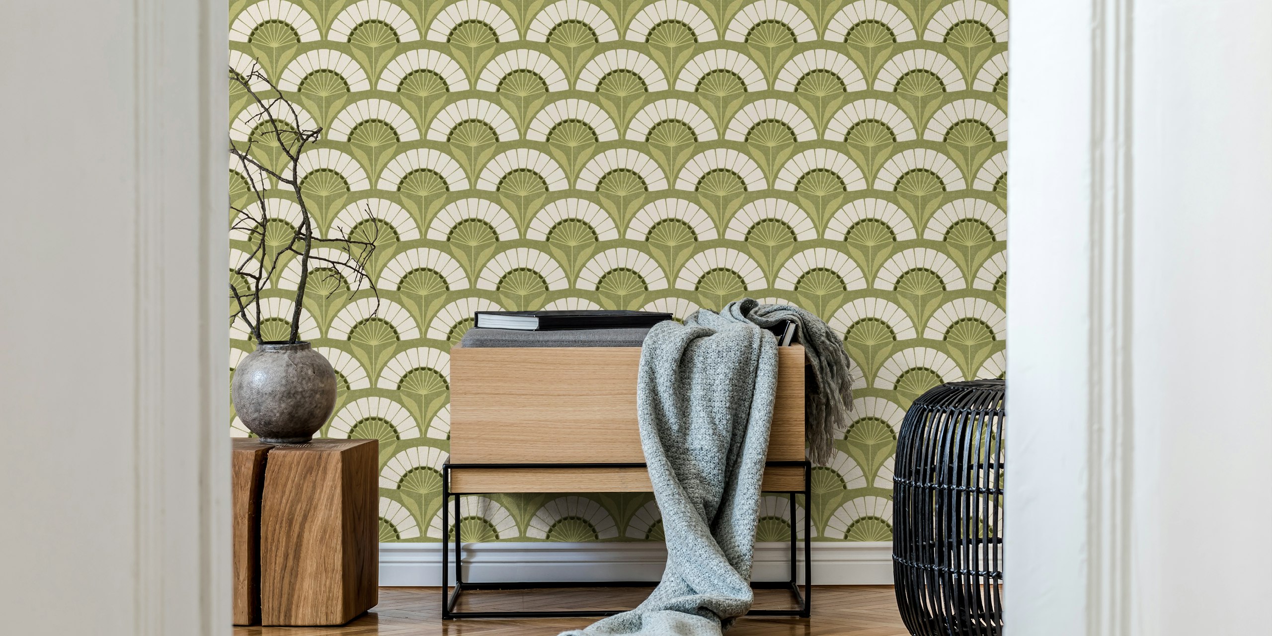 Green and white floral retro wallpaper design with fan shapes