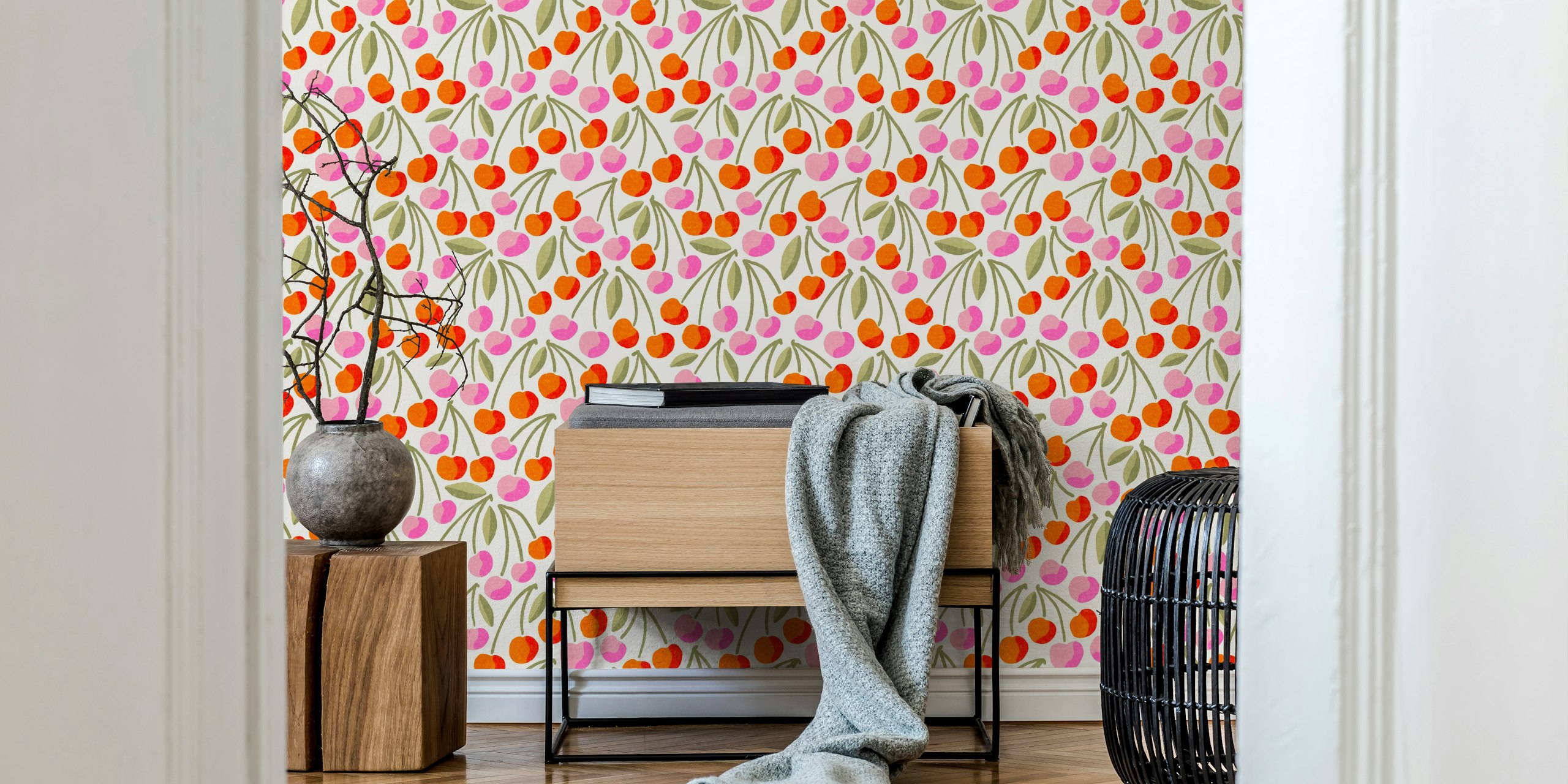 Cherry illustrations on a light background wall mural