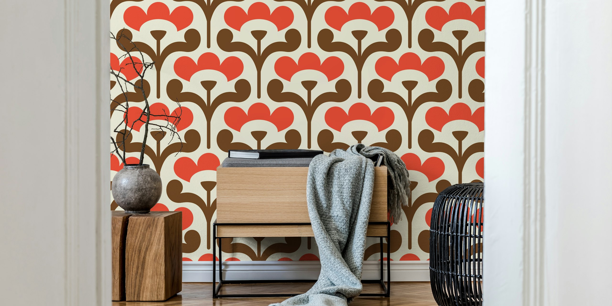 Papel pintado con patrón Retro blossoms pattern en una habitación