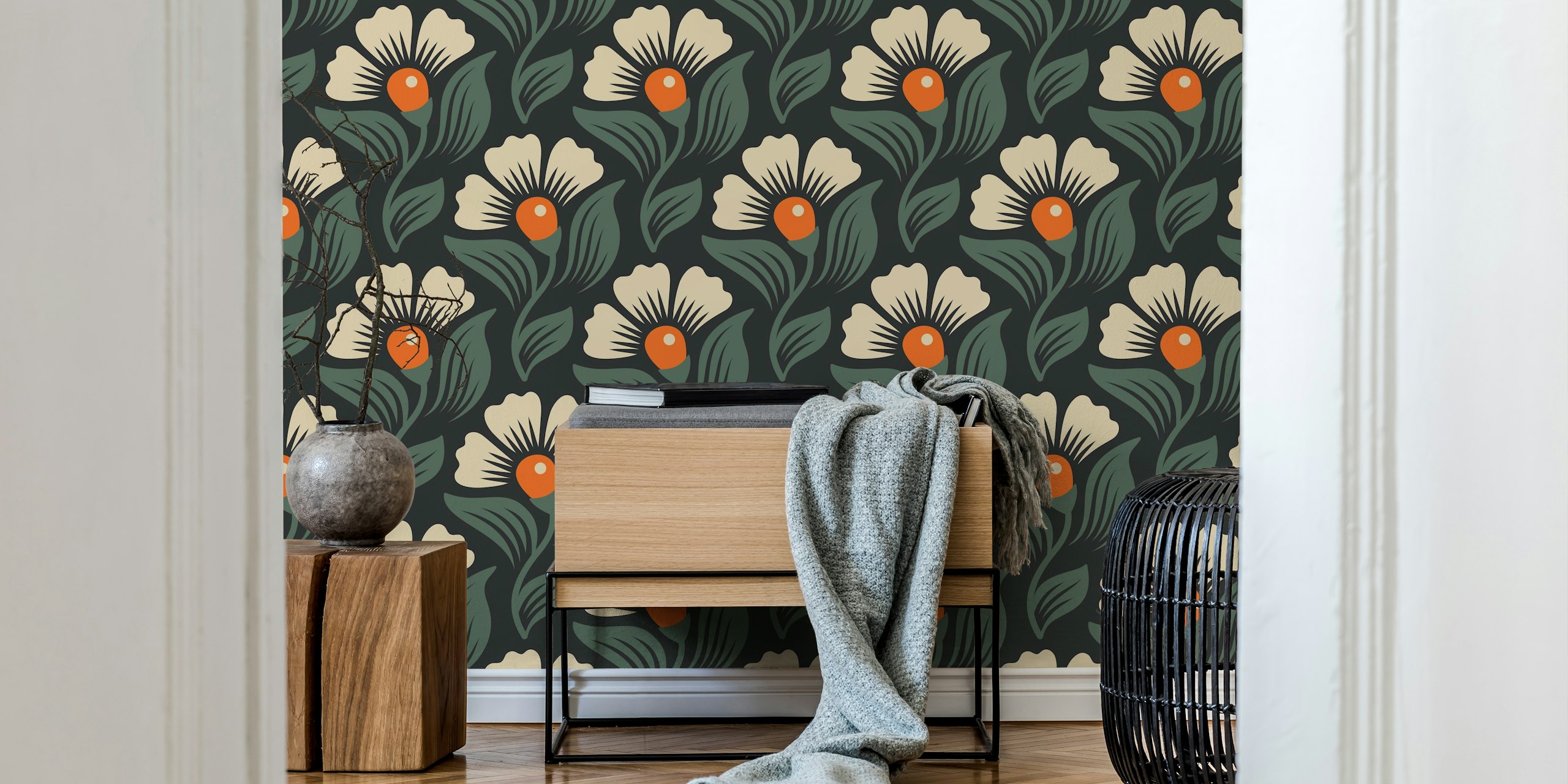 Hand drawn blossoms pattern wallpaper in a room