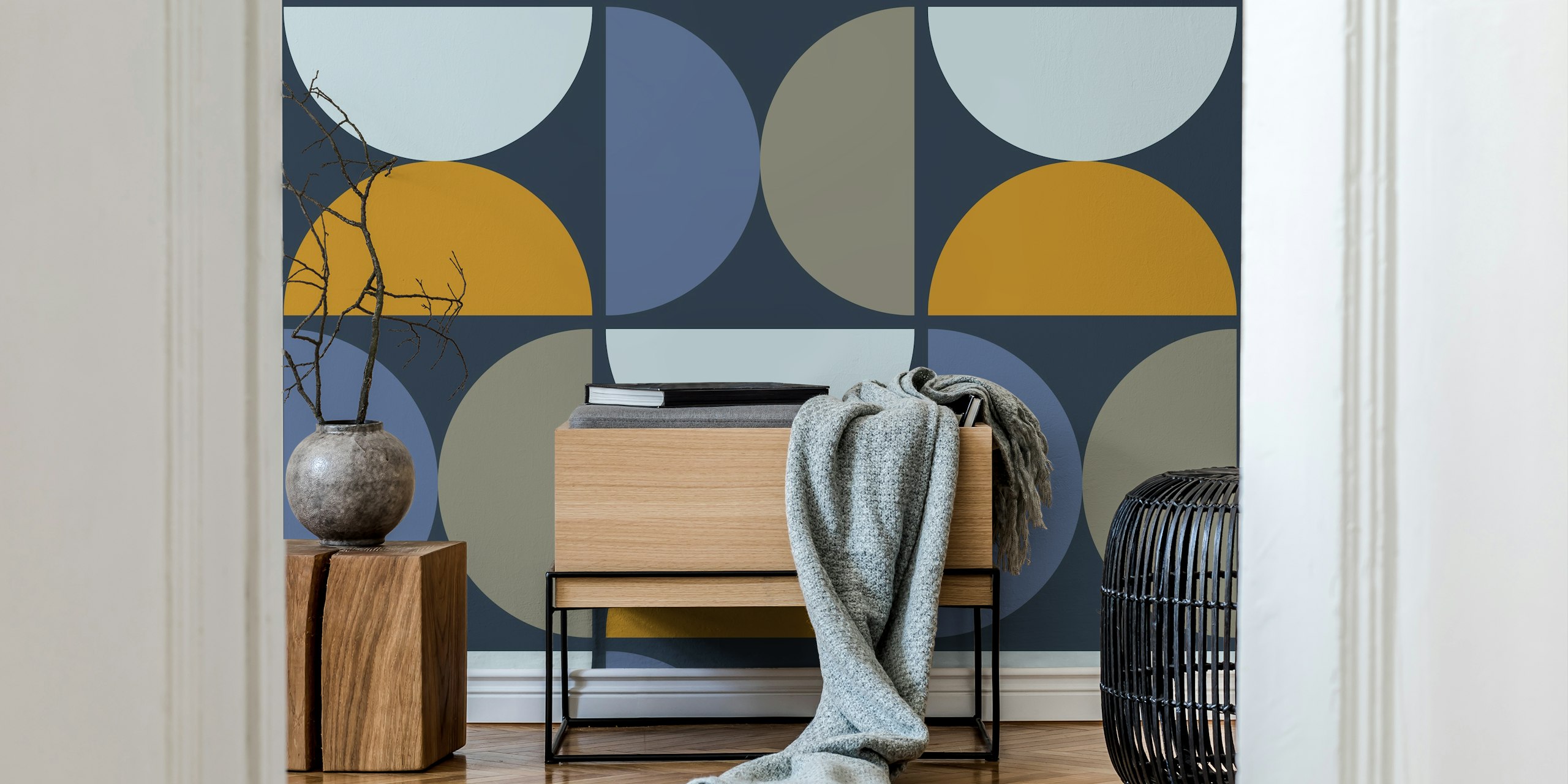 Geometric semicircles in blue, gold, and gray wallpaper