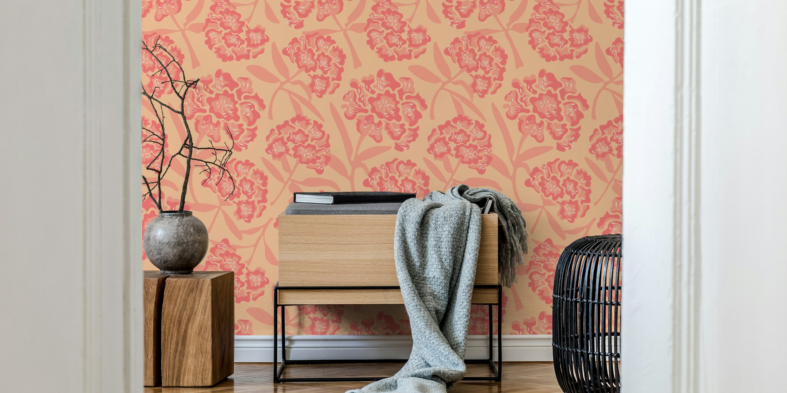 Rhododendrons Retro Floral Orange Peach Large I Et Rom